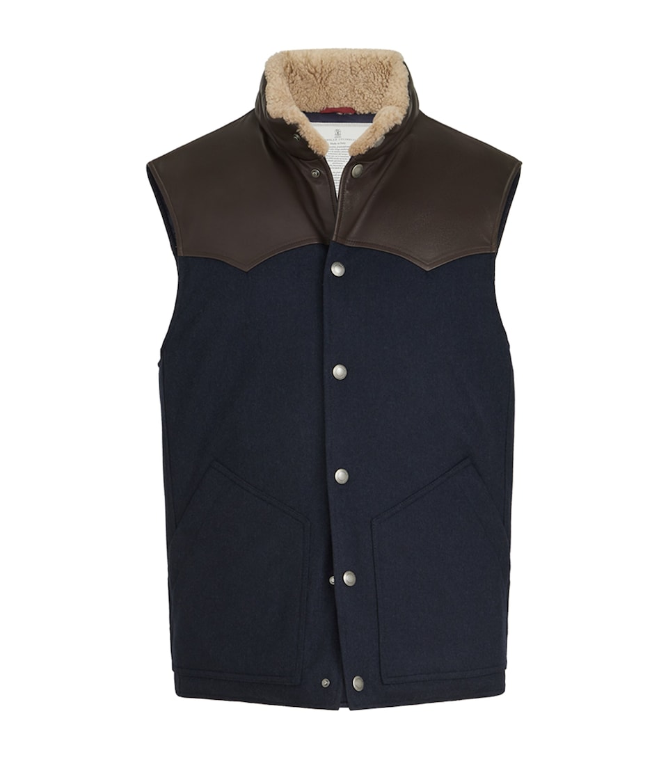 Brunello Cucinelli Mens Wool Shearling-Trim Gilet