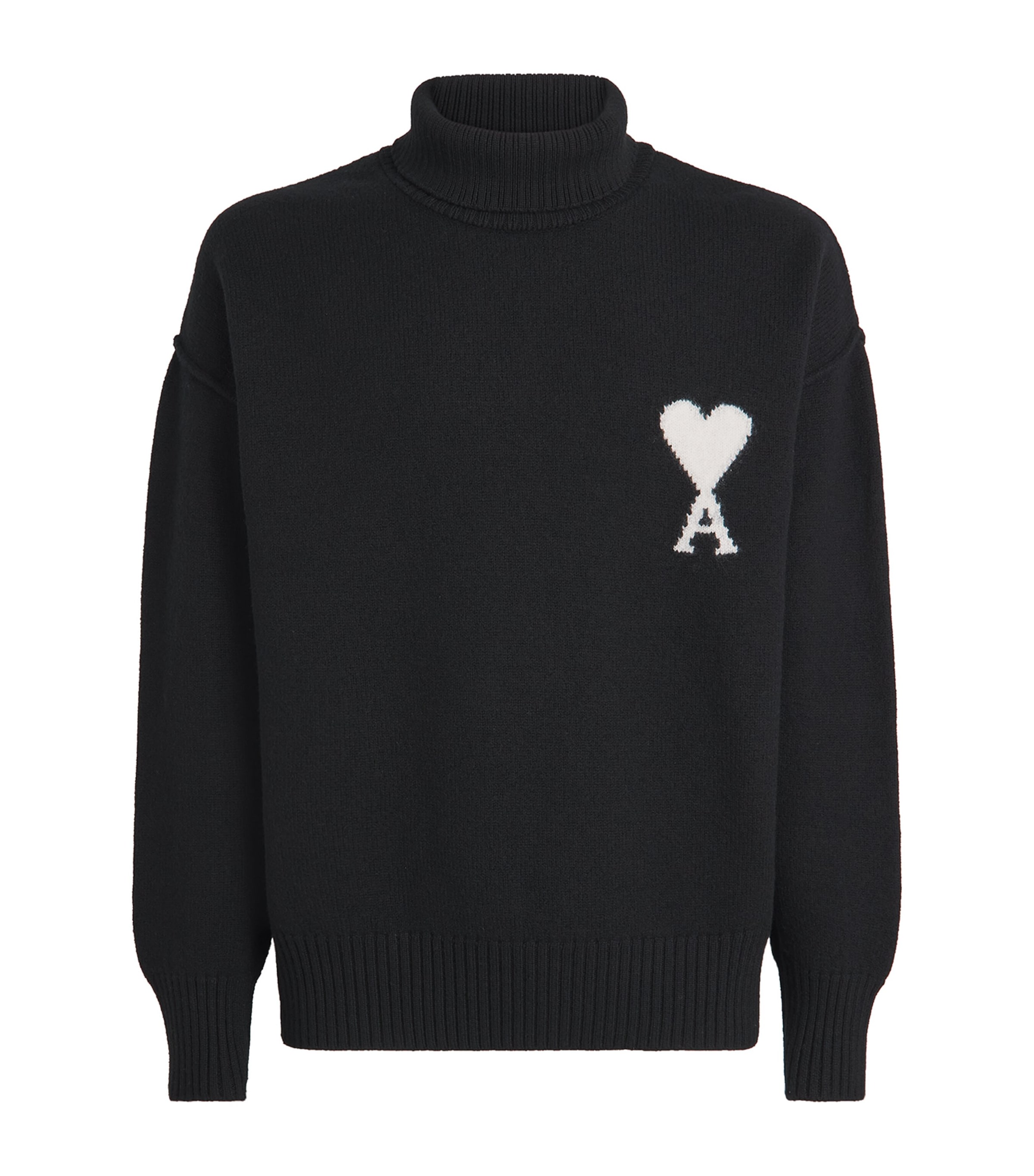 AMI Paris Mens Virgin Wool Ami de Coeur Rollneck Sweater Noir/ecru