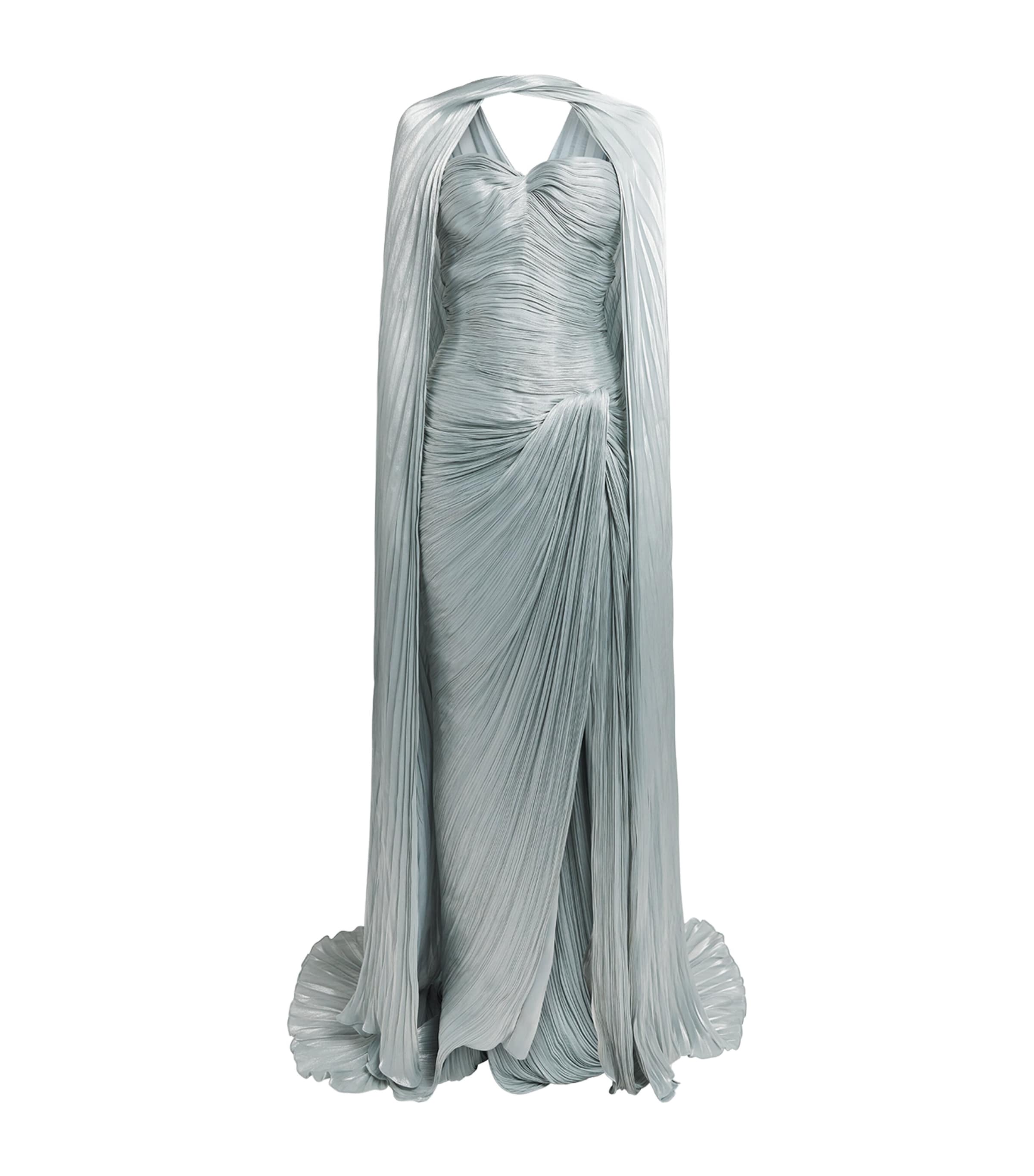 Marmar Halim Womens Asymmetric Pleated Cape Gown Blue Gray