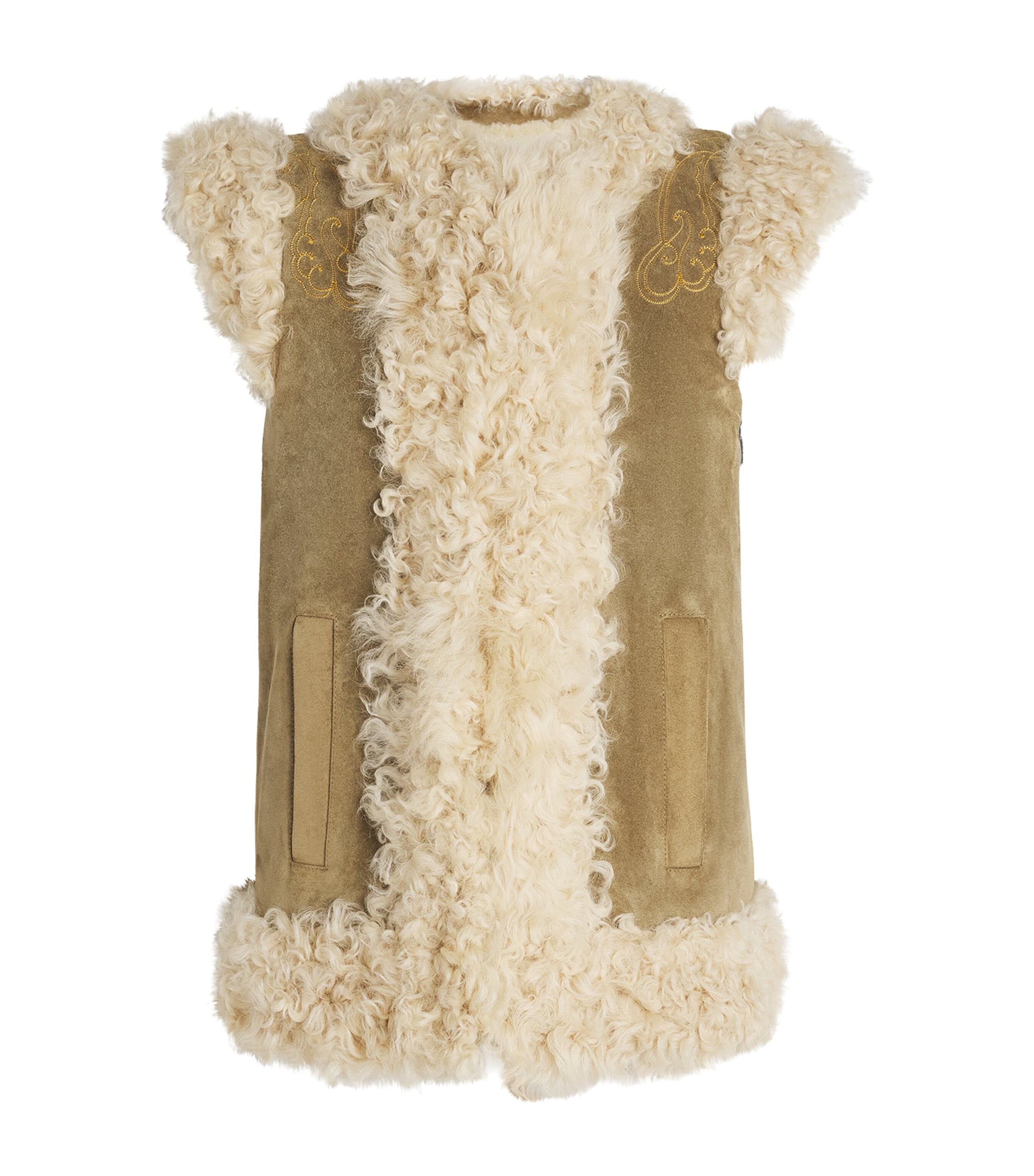 Etro Womens Shearling Embroidered Gilet Marrone