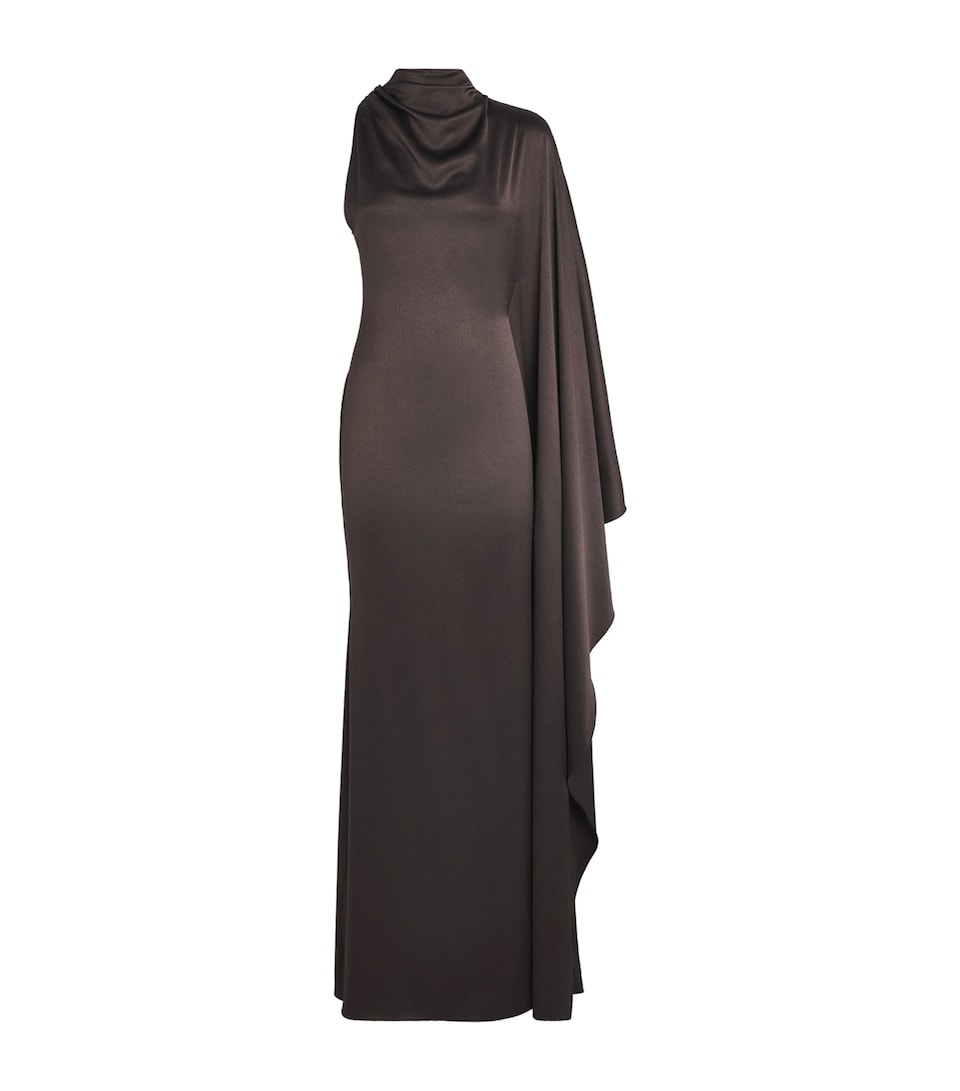 De La Vali Womens Satin One-Shoulder Odaluna Maxi Dress Umber Brown