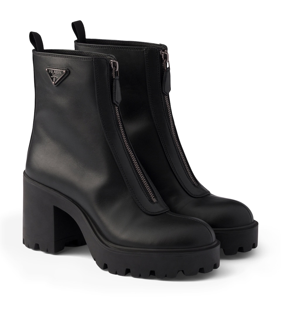 Prada Leather Zipped Heeled Ankle Boots 85 Black