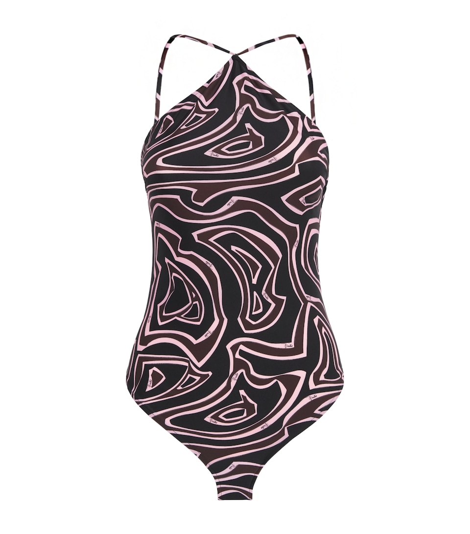PUCCI Womens Labirinto Print Halterneck Swimsuit Khaki Pink