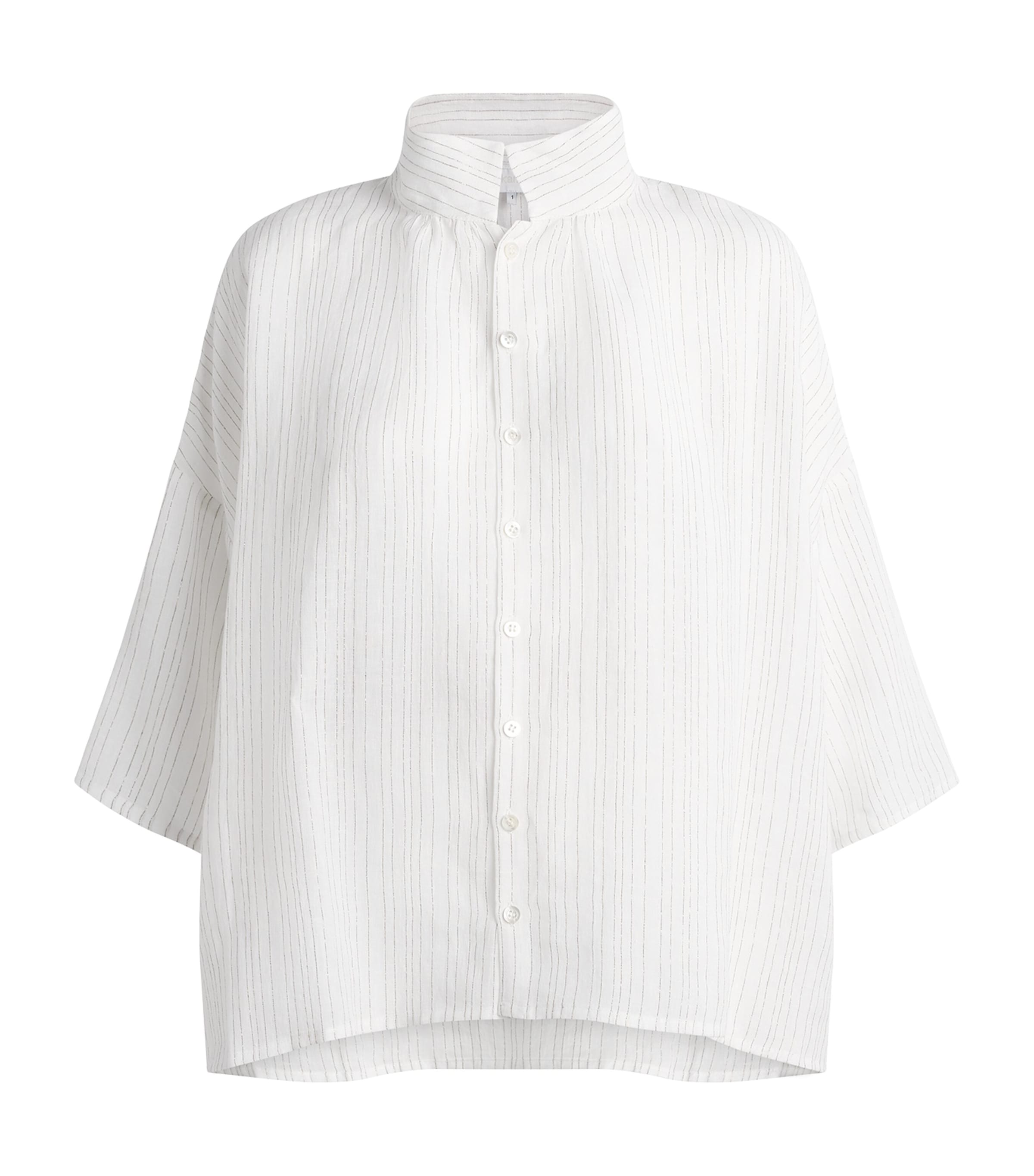 Eskandar Womens Linen-Blend Stand-Collar Stripe Shirt White