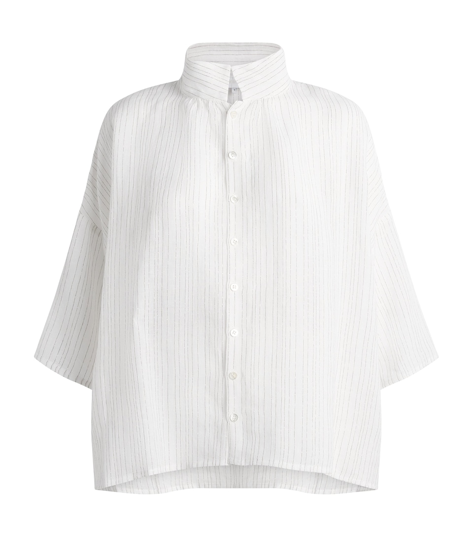 Eskandar Womens Linen-Blend Stand-Collar Stripe Shirt White