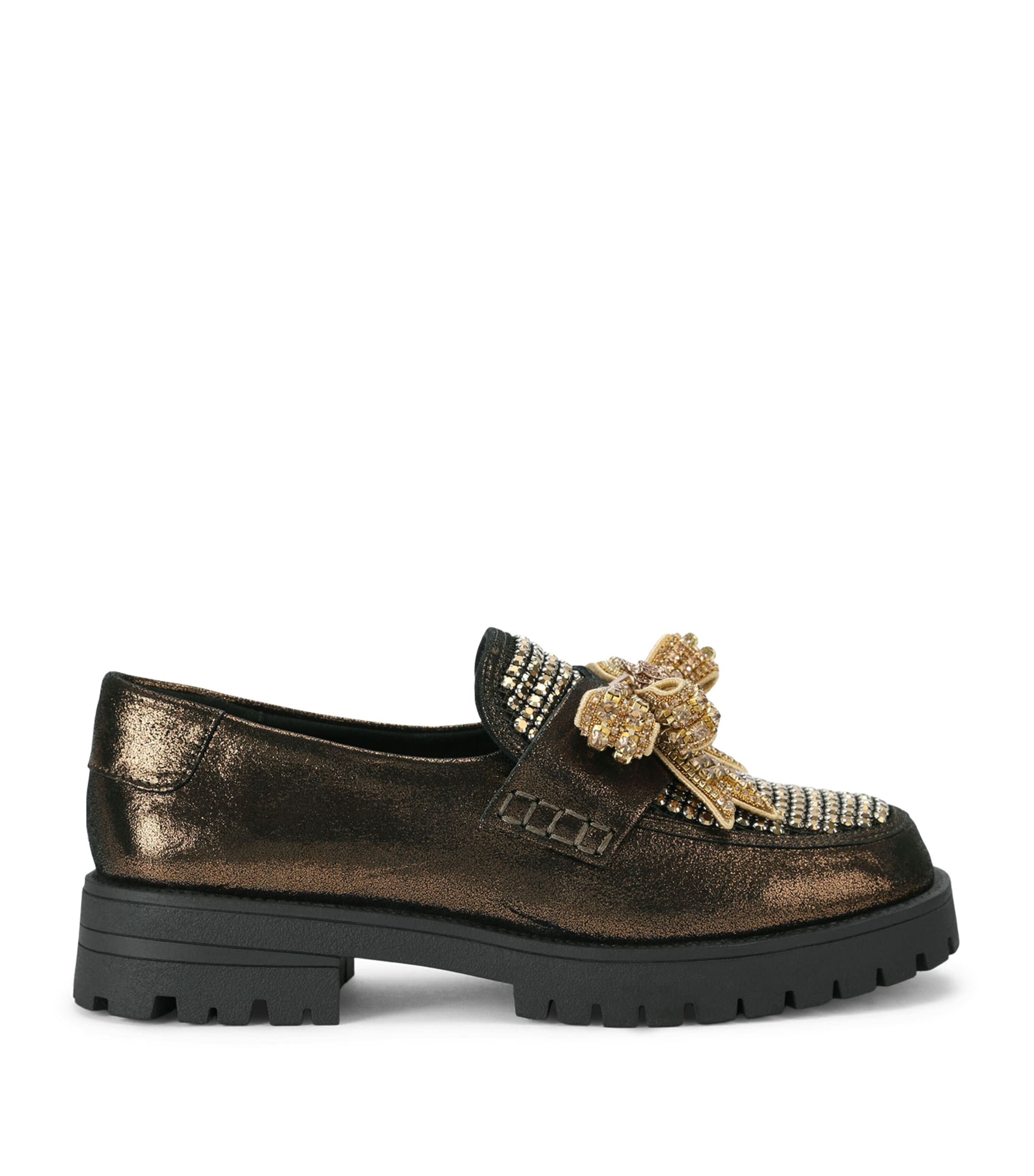 Kurt Geiger London Leather Embellished Bow Loafers Bronze