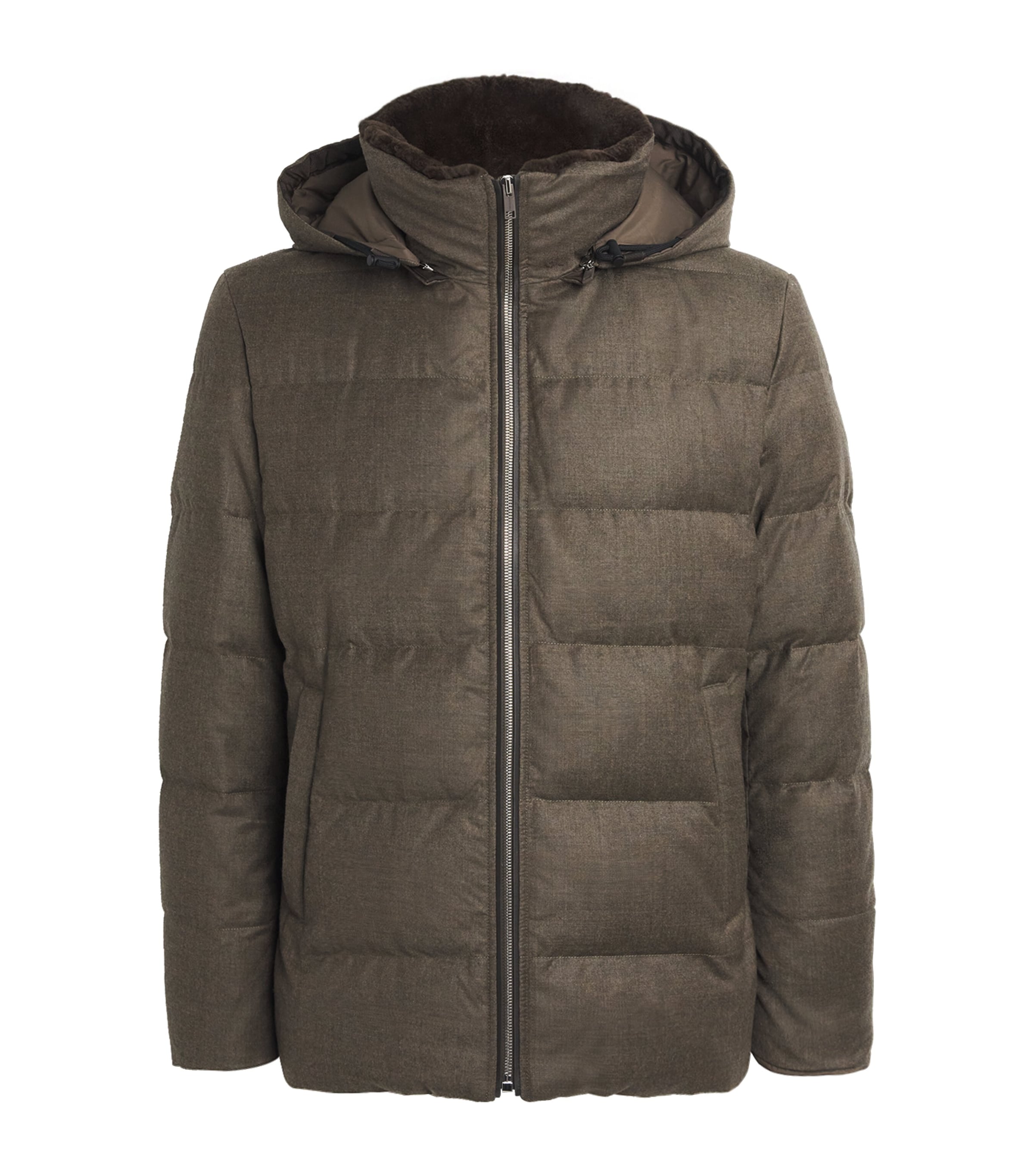 Wool-Silk Green Storm System Mink-Trim Puffer Jacket