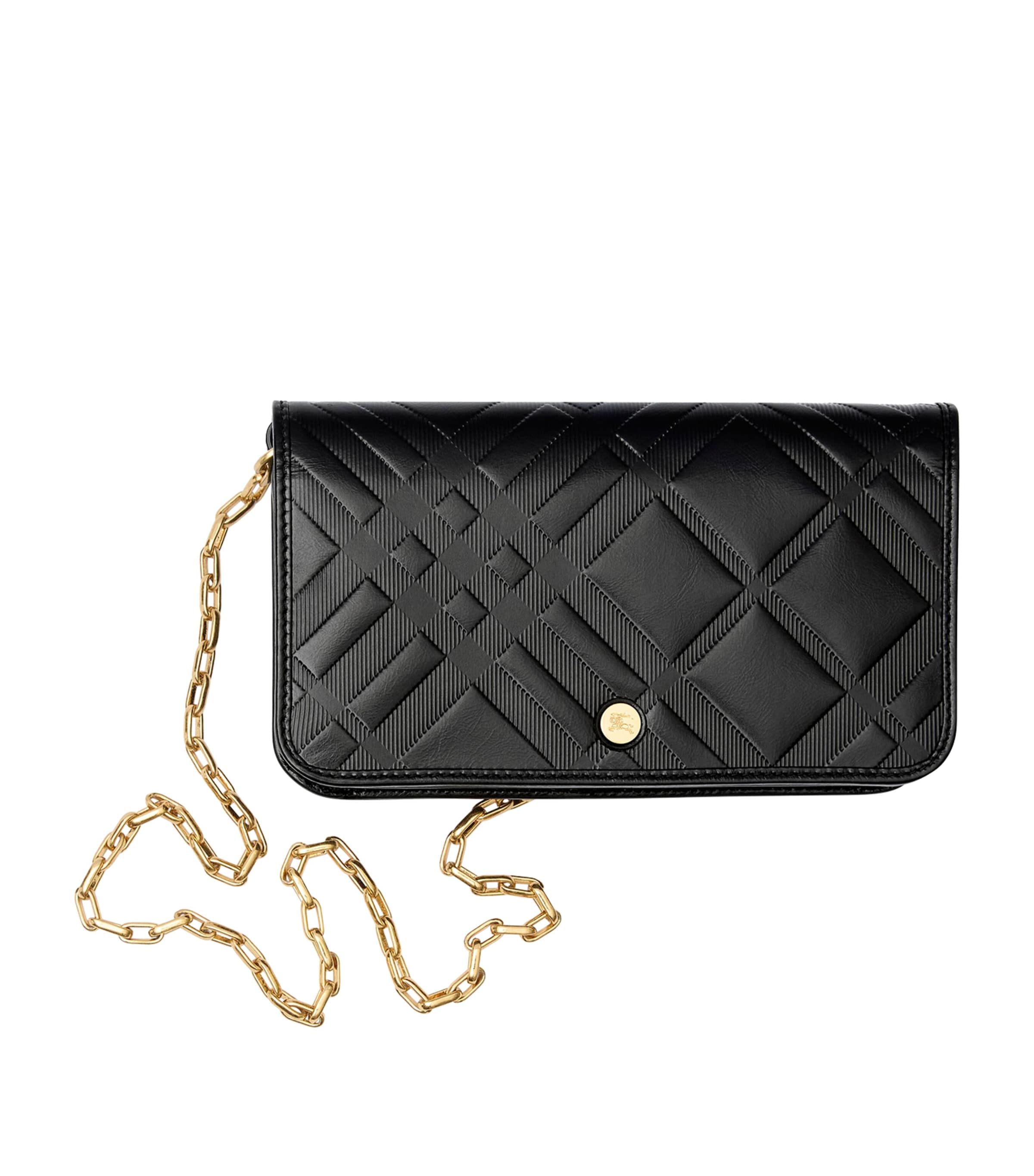 Burberry Check-Embossed Leather Chain Strap Wallet Black