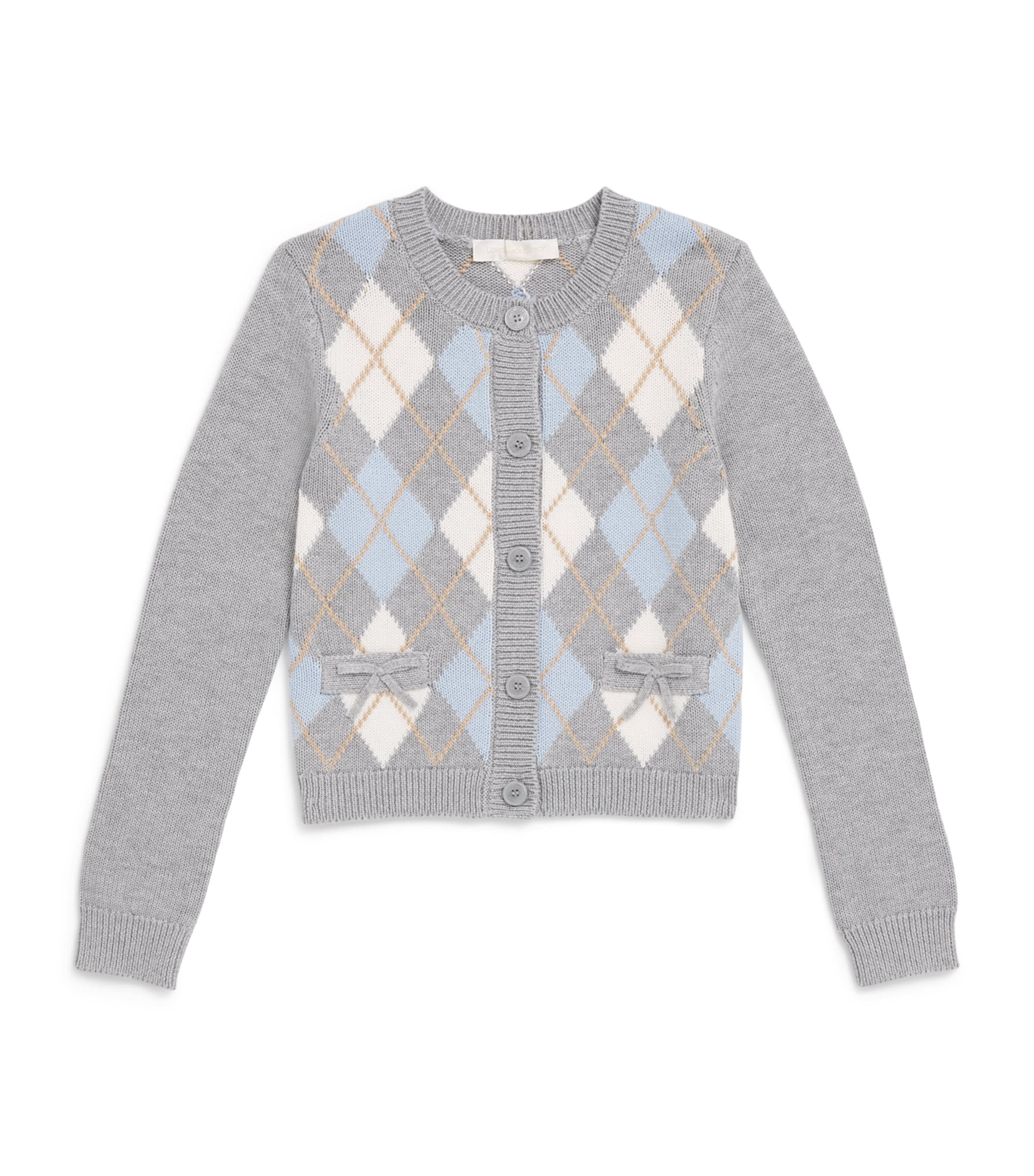 LoveShackFancy Cotton-Wool Argyle Renilly Cardigan (7-14 Years) Snang Snow Angel