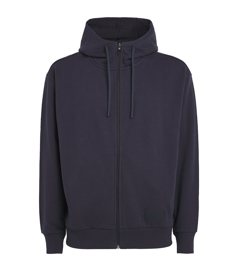 BOSS Mens Cotton-Blend High-Neck Zip Hoodie Dark Blue