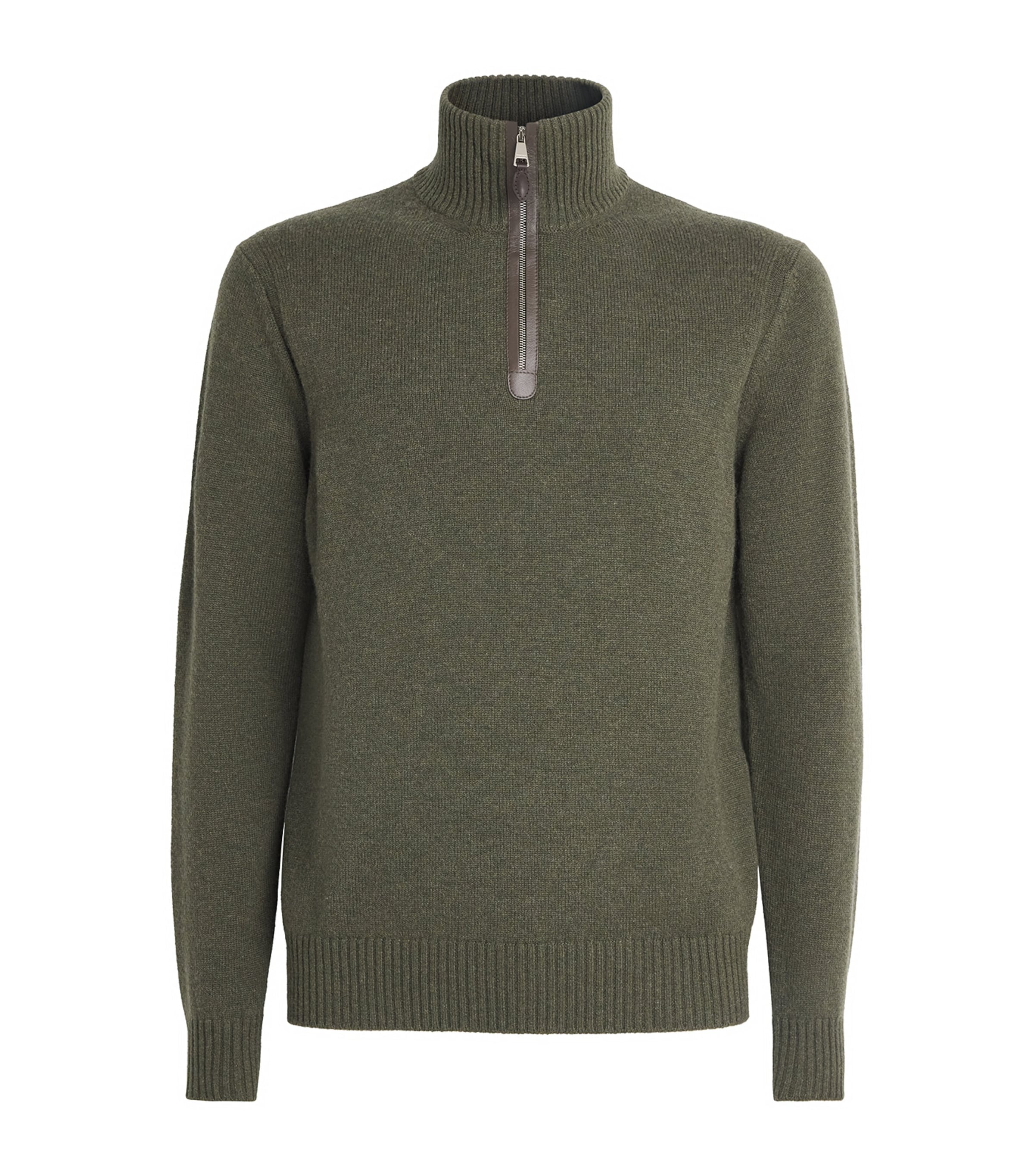 Purdey Mens Cashmere Leather Trim Quarter-Zip Sweater Loden