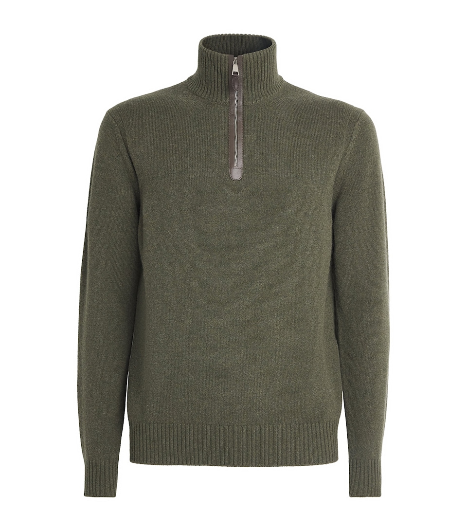 Purdey Mens Cashmere Leather Trim Quarter-Zip Sweater Loden