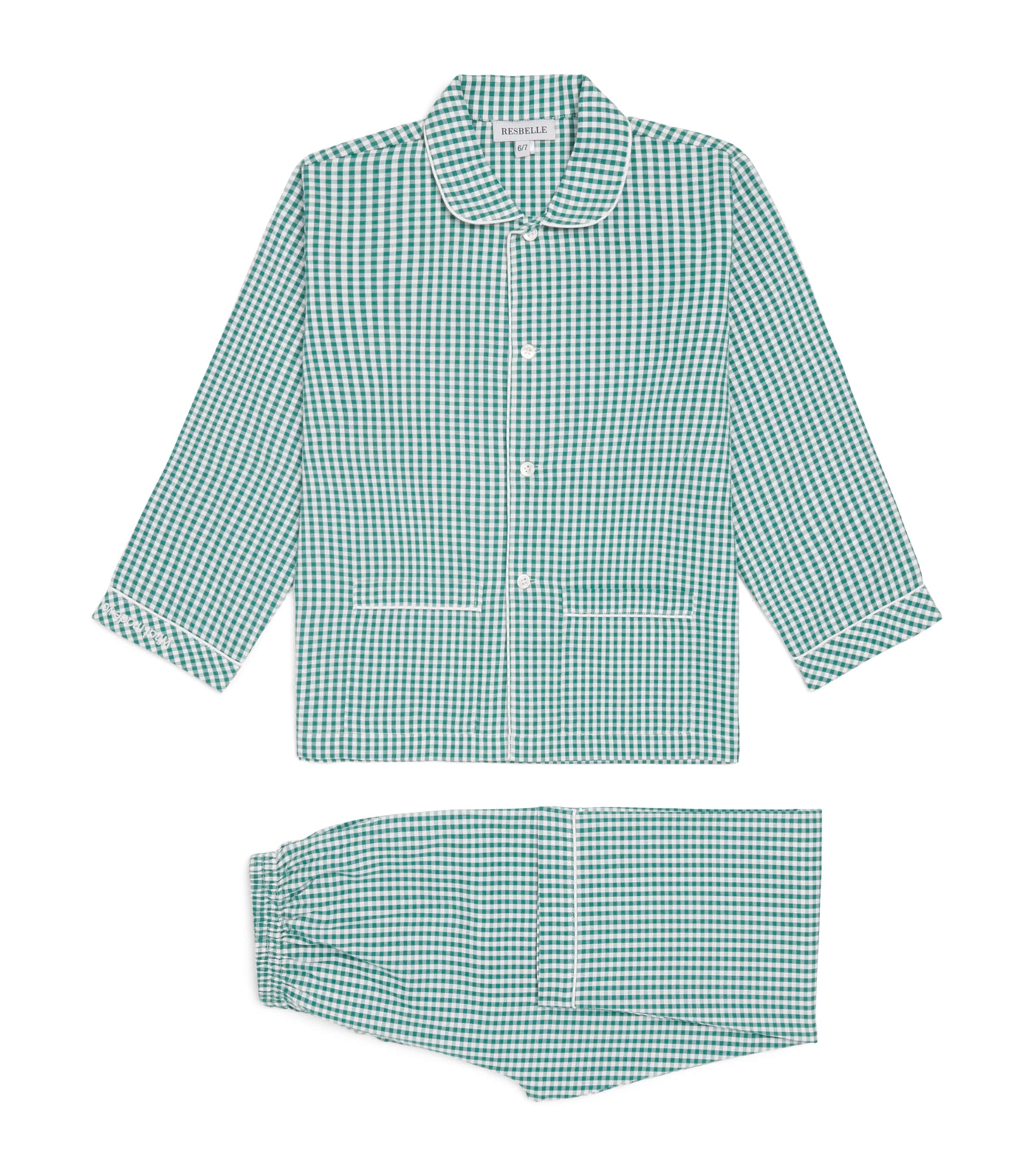 Resbelle Cotton Check Neptune Night Pyjama Set (2-13 Years) Grn/wht W/wht Piping