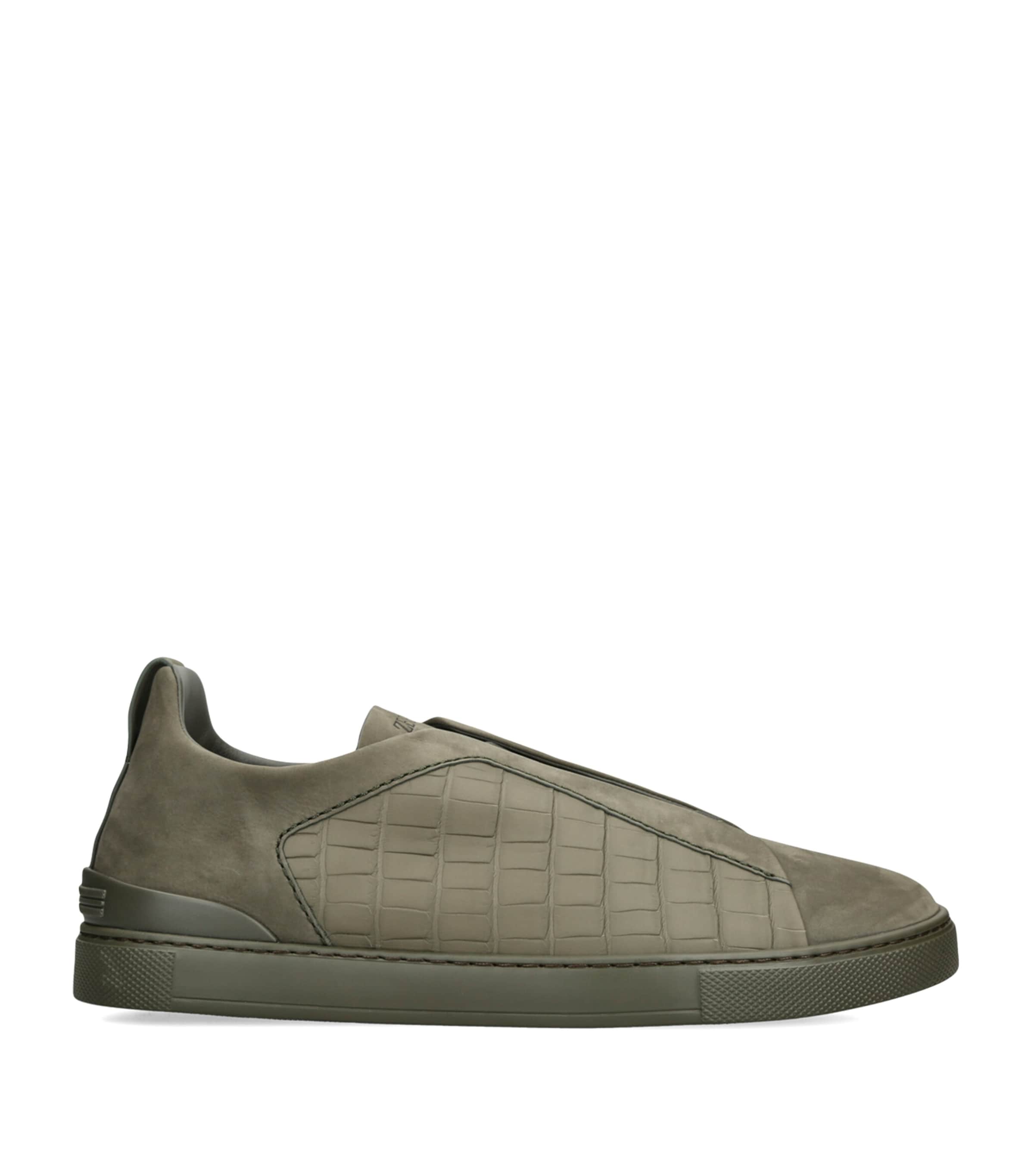 Zegna Crocodile Leather Triple Stitch SECONDSKIN Sneakers Khaki