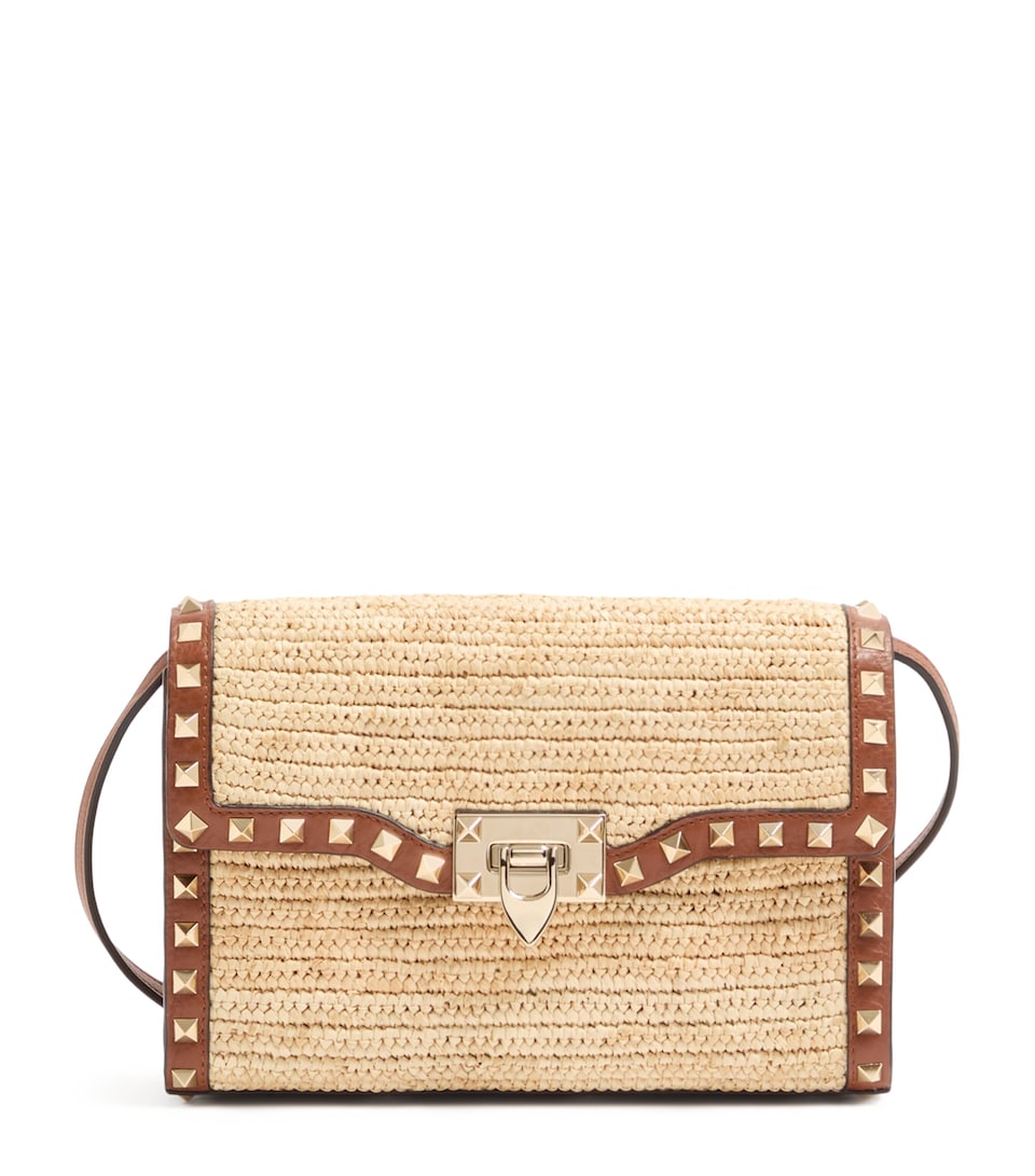 Small Leather-Raffia Rockstud Shoulder Bag