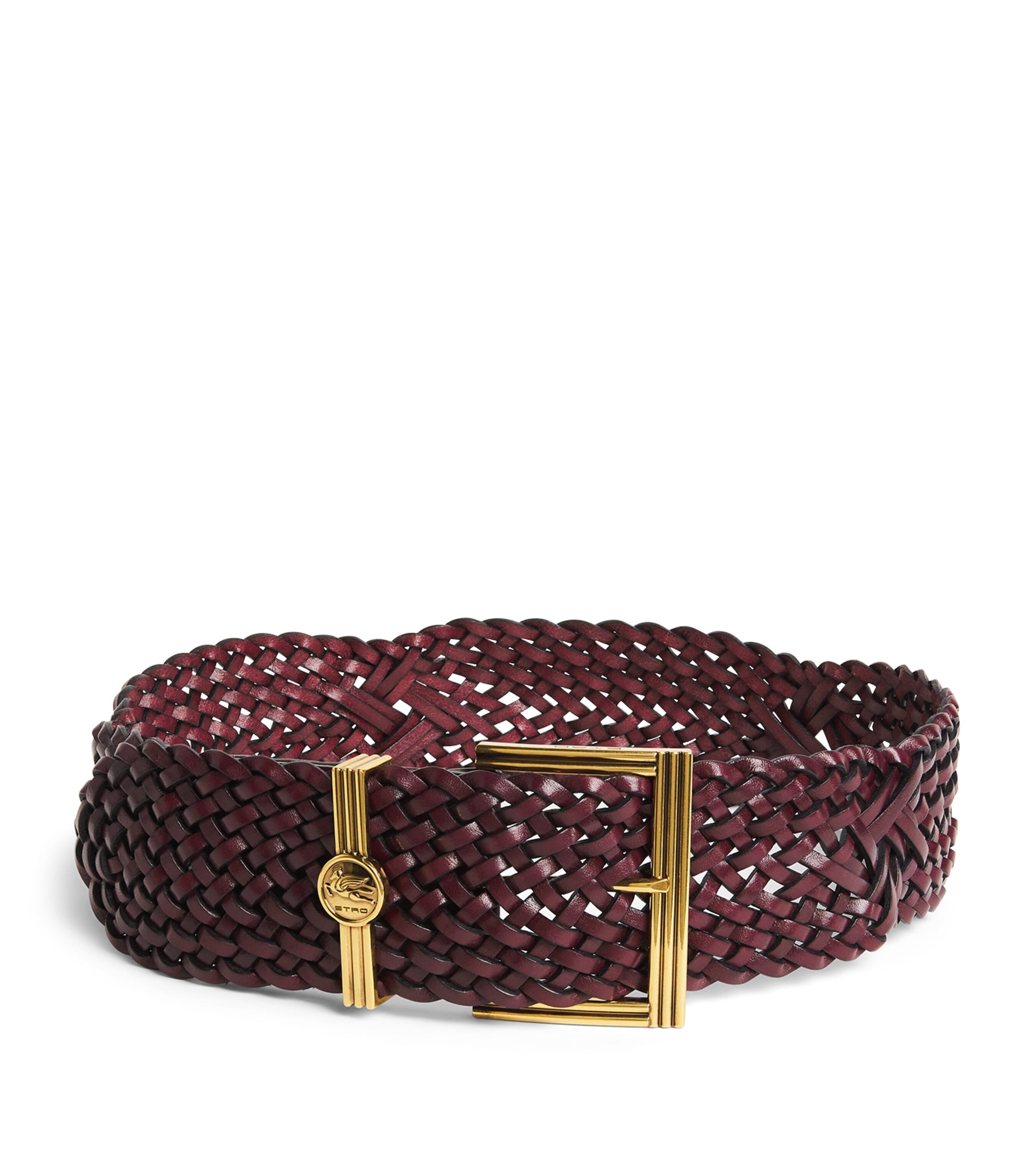 Etro Leather Woven Coin Buckle Belt Burgundy