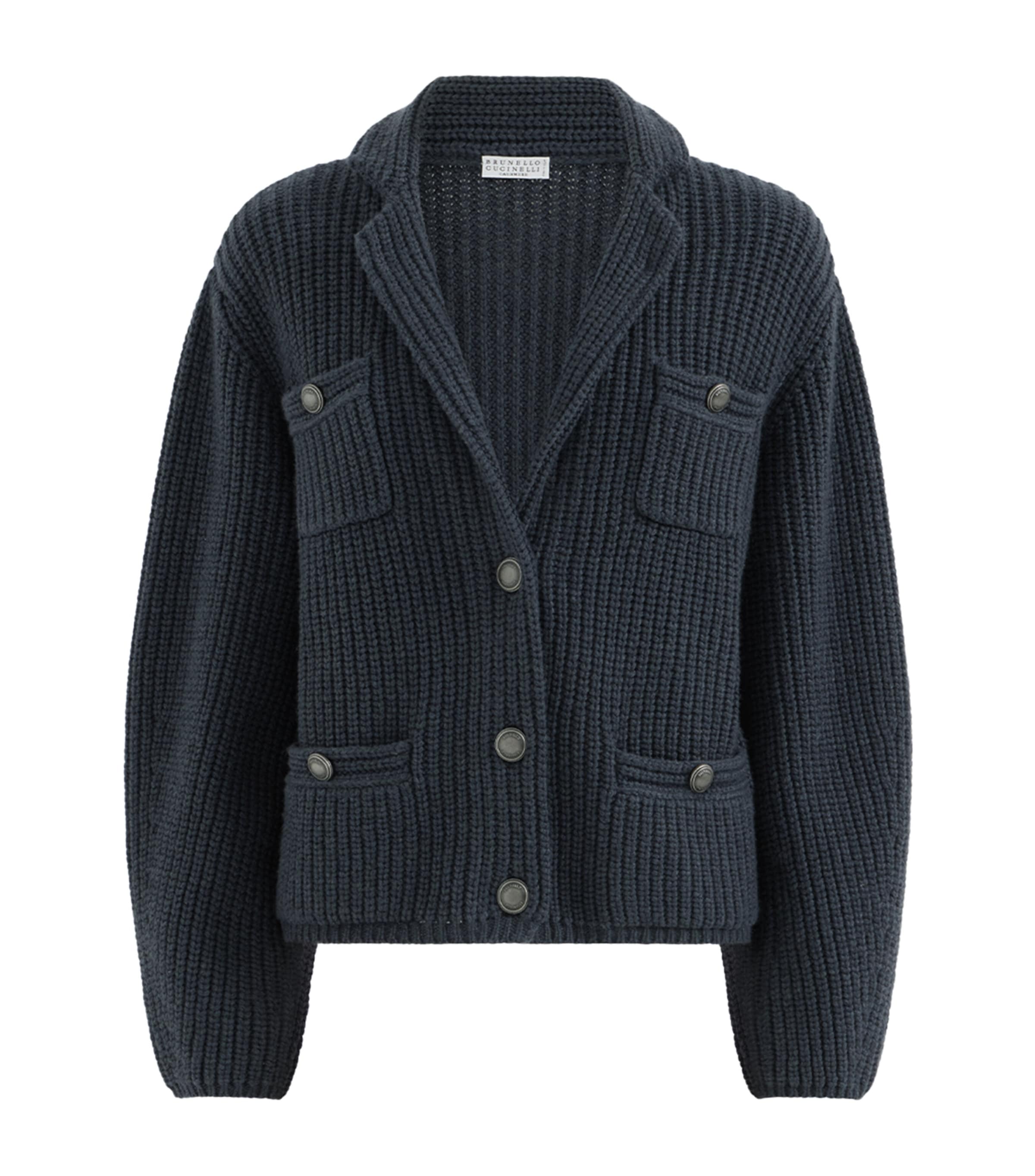 Brunello Cucinelli Womens Cashmere Rib-Knit Cardigan Blu Freddo