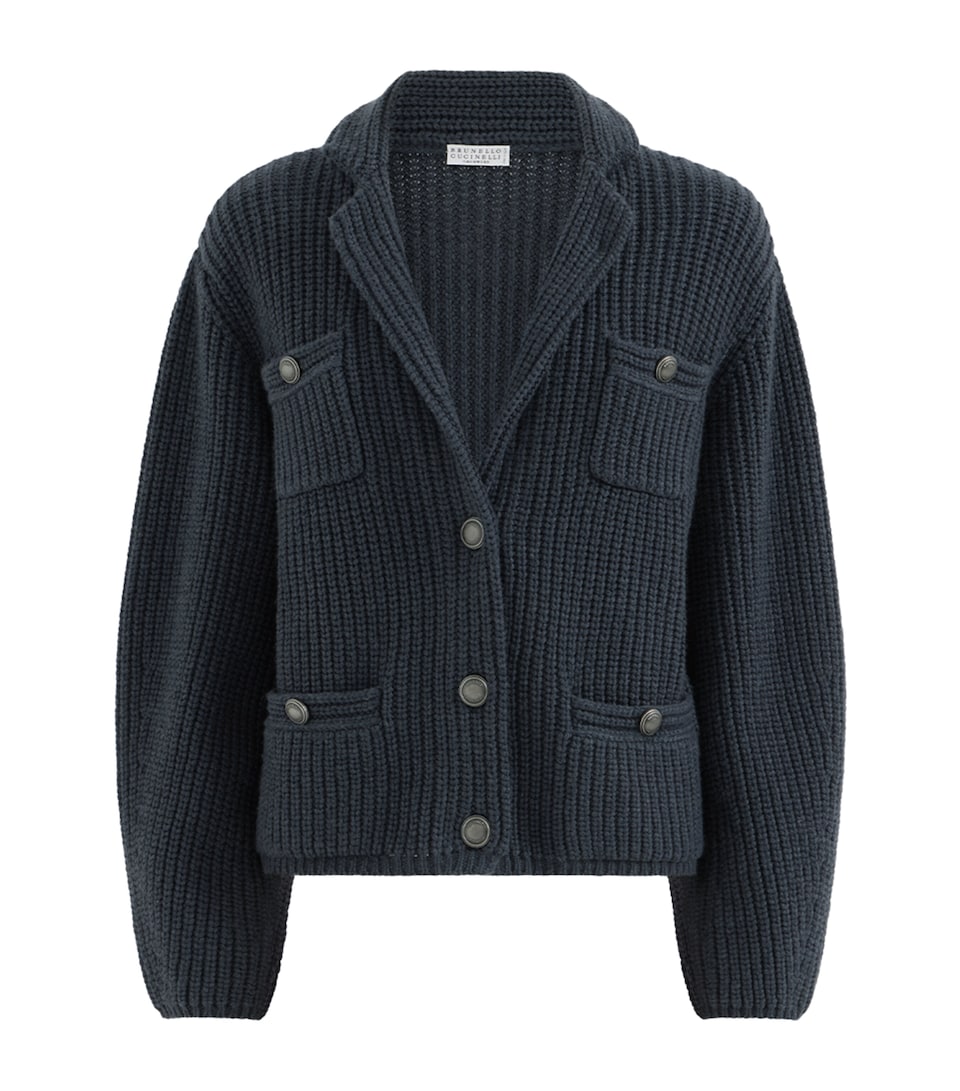 Brunello Cucinelli Womens Cashmere Rib-Knit Cardigan Blu Freddo
