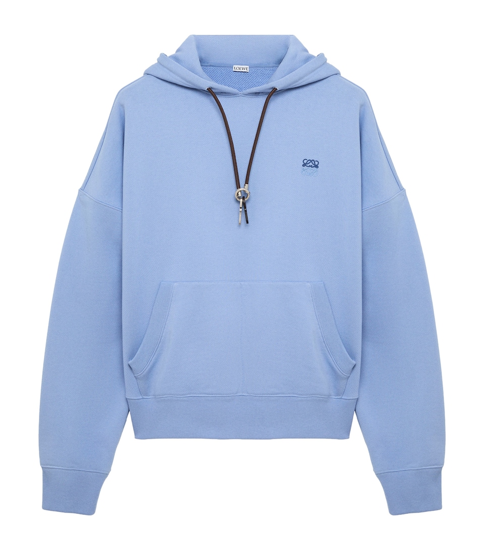 LOEWE Mens Cotton Key-Detail Anagram Hoodie Light Blue
