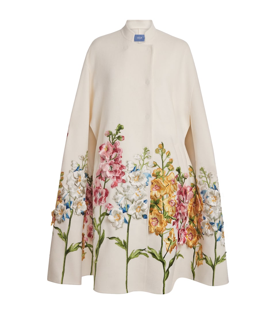 LEO LIN Womens Wool Floral Embroidered Clover Cape Coat Snapdrgn Prnt In Snw