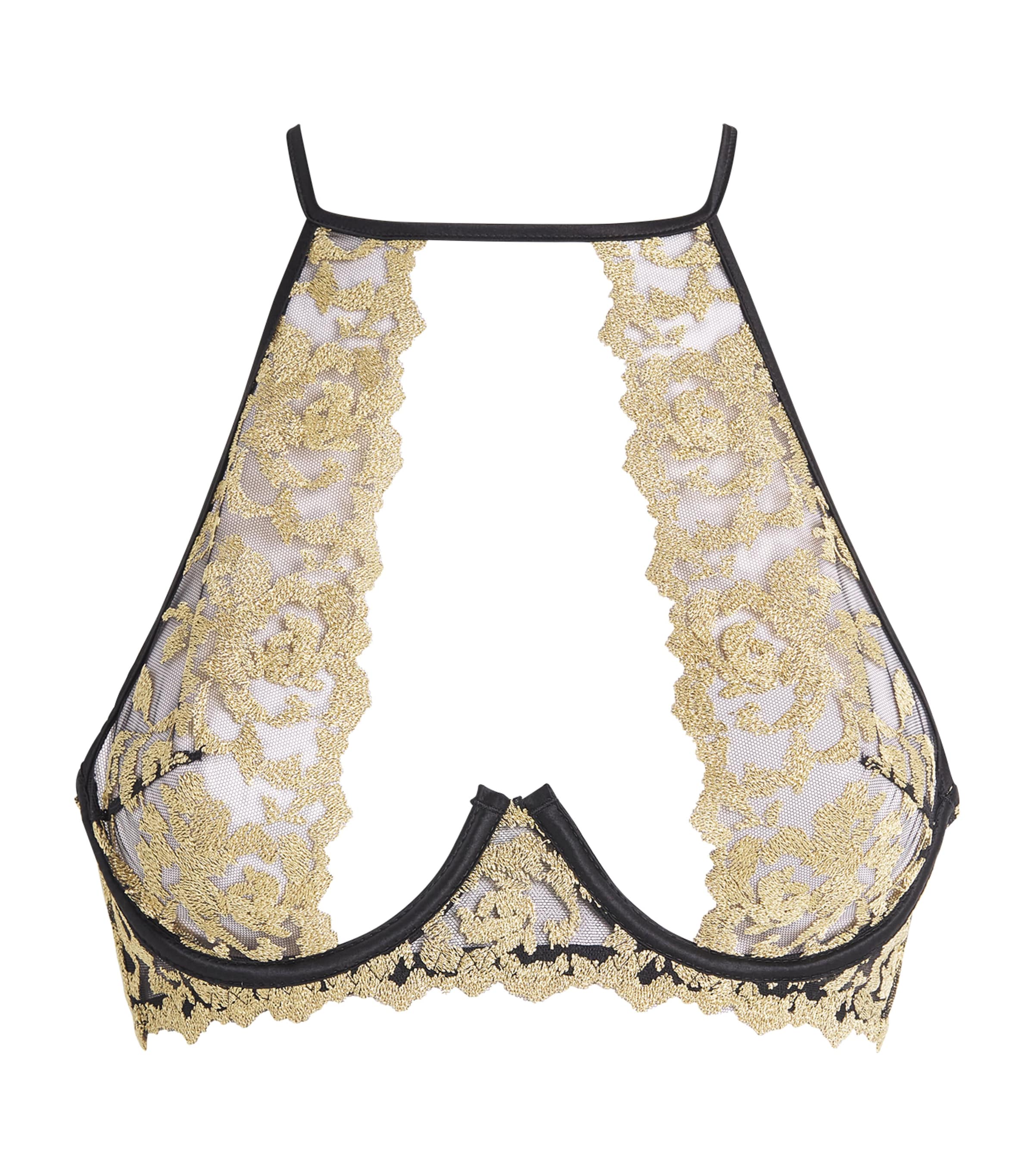 Coco De Mer Womens Embroidered High-Neck Plunge Bra Onyx And Gold