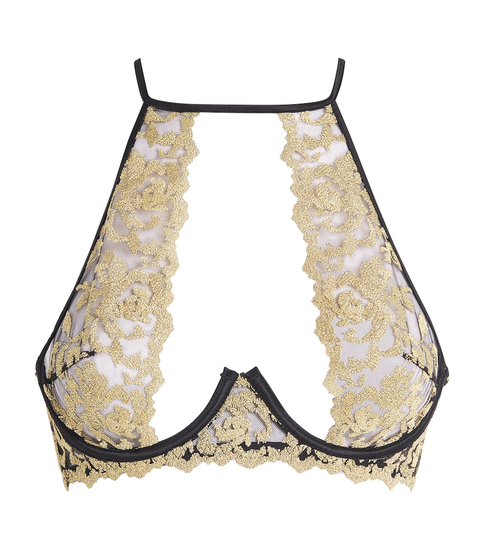 Coco De Mer Womens Embroidered High-Neck Plunge Bra Onyx And Gold