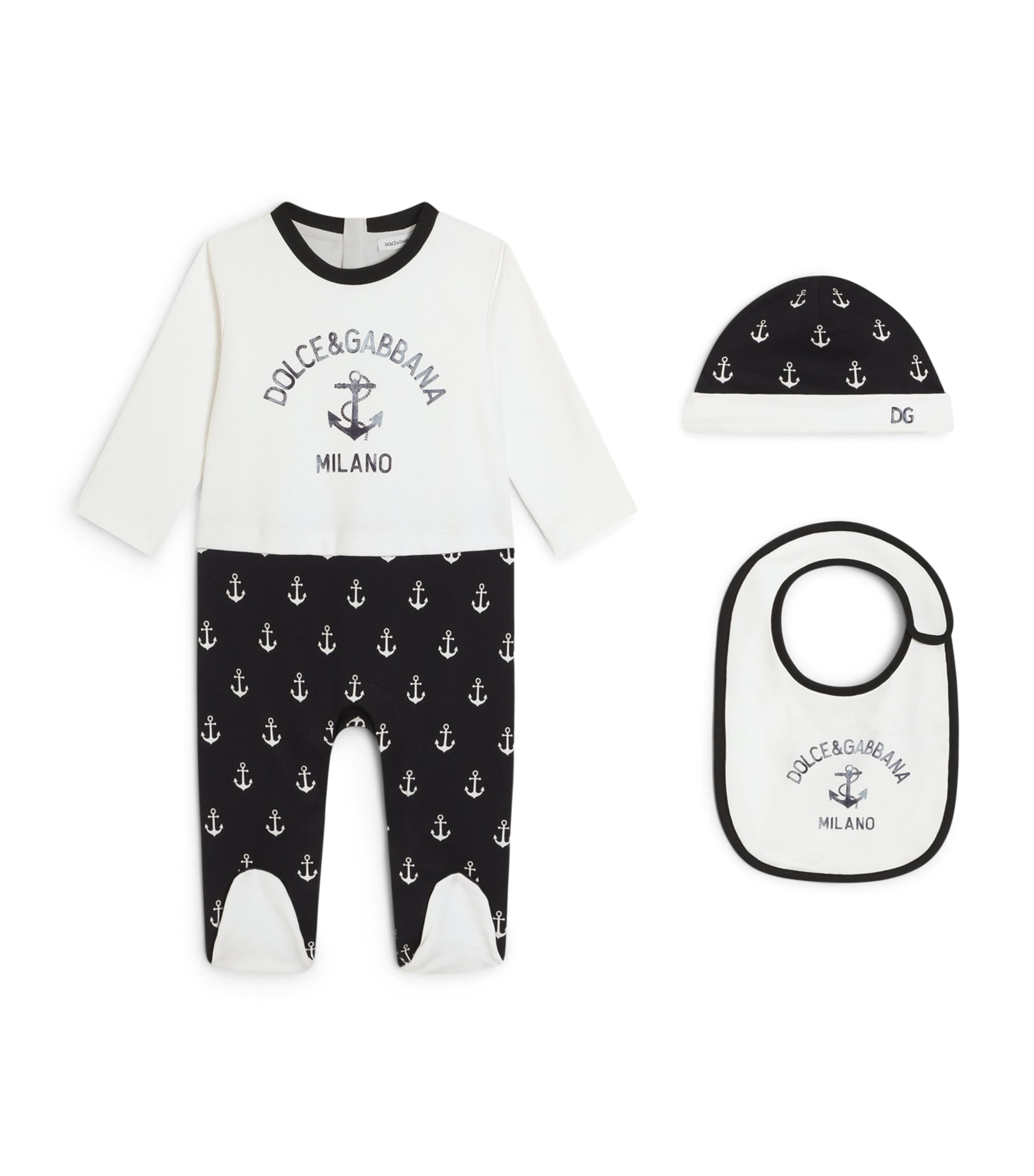 Dolce&Gabbana Kids Cotton Marina Print All-In-One, Hat and Bib Set (0-24 Months) Combined Col