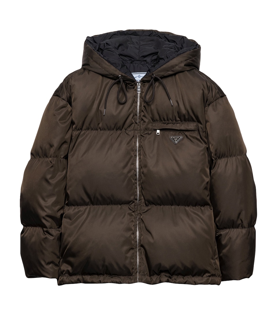 Prada Womens Re-Nylon Hooded Down Jacket Brown