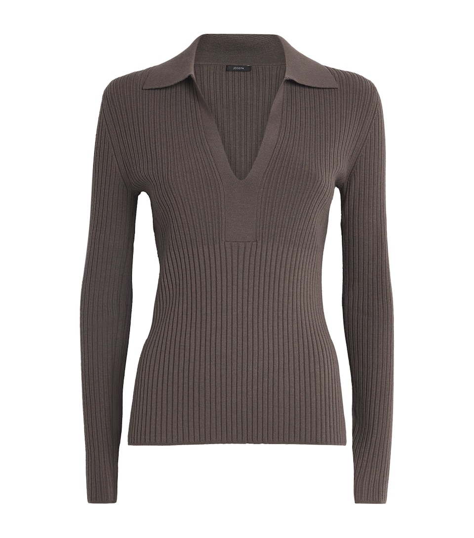 Wool-Blend Ribbed Polo Top