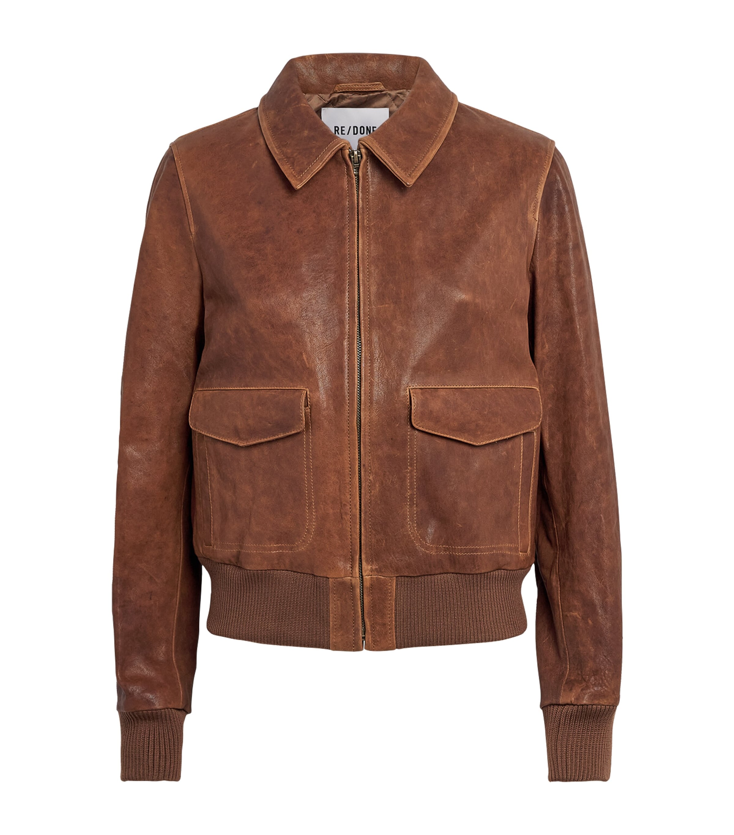 Re-Done Womens Leather Quinn Bomber Jacket Cognac