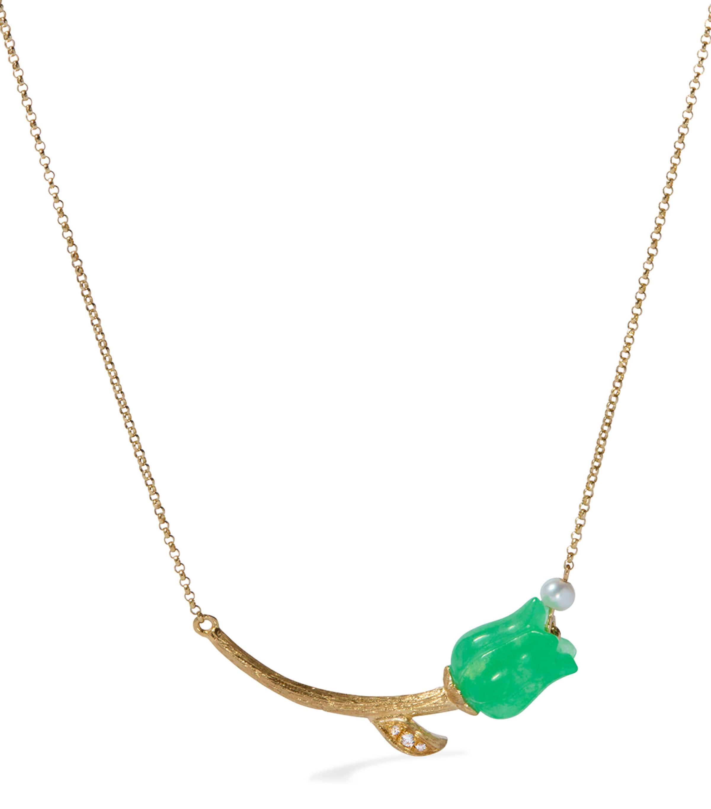 Yellow Gold, Diamond, Jade and Pearl Tulips Chain Necklace