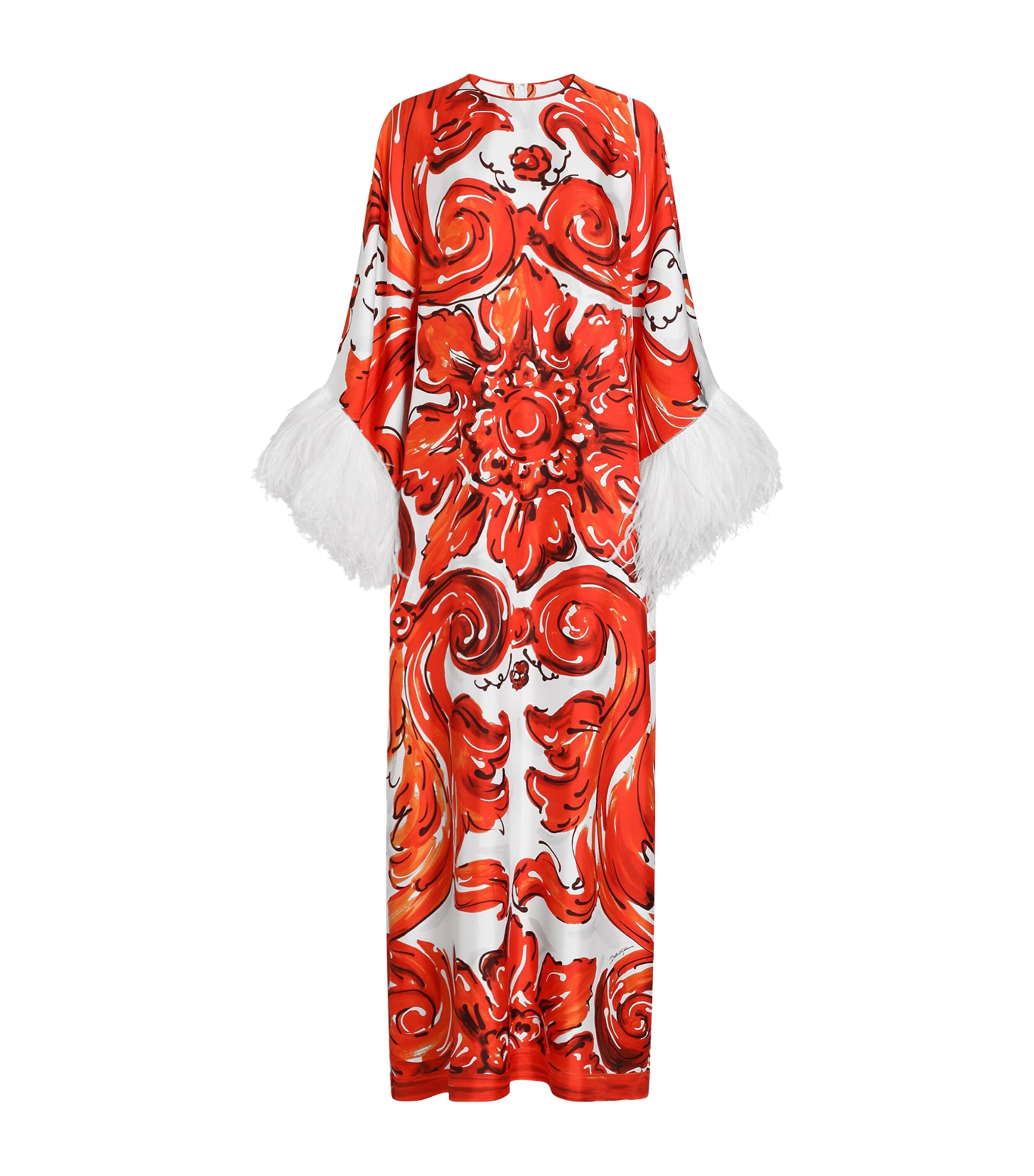 Dolce&Gabbana Womens Silk Printed Feather-Trim Maxi Dress Combined Colou