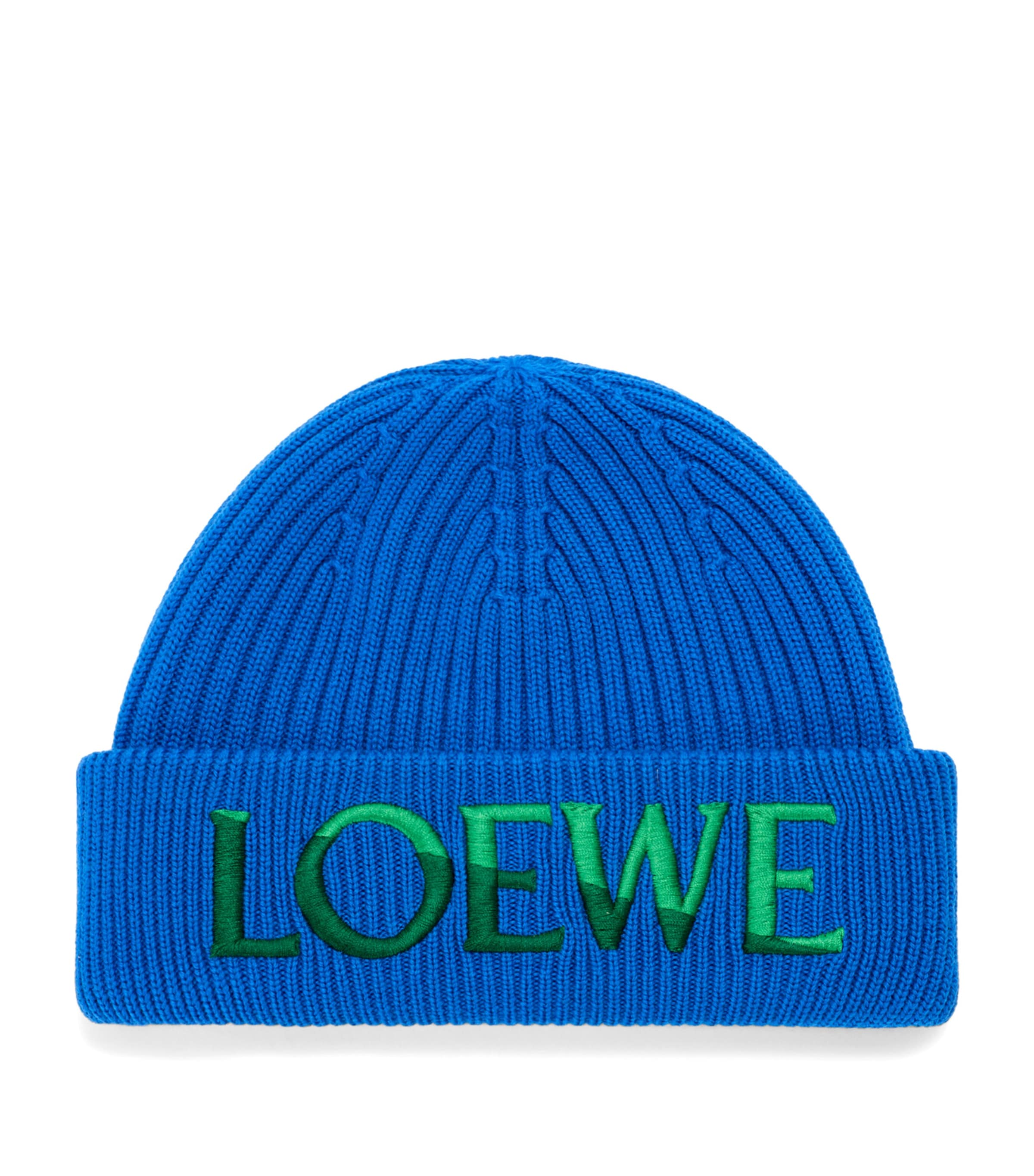 LOEWE Wool Ribbed Logo Beanie Blue/green