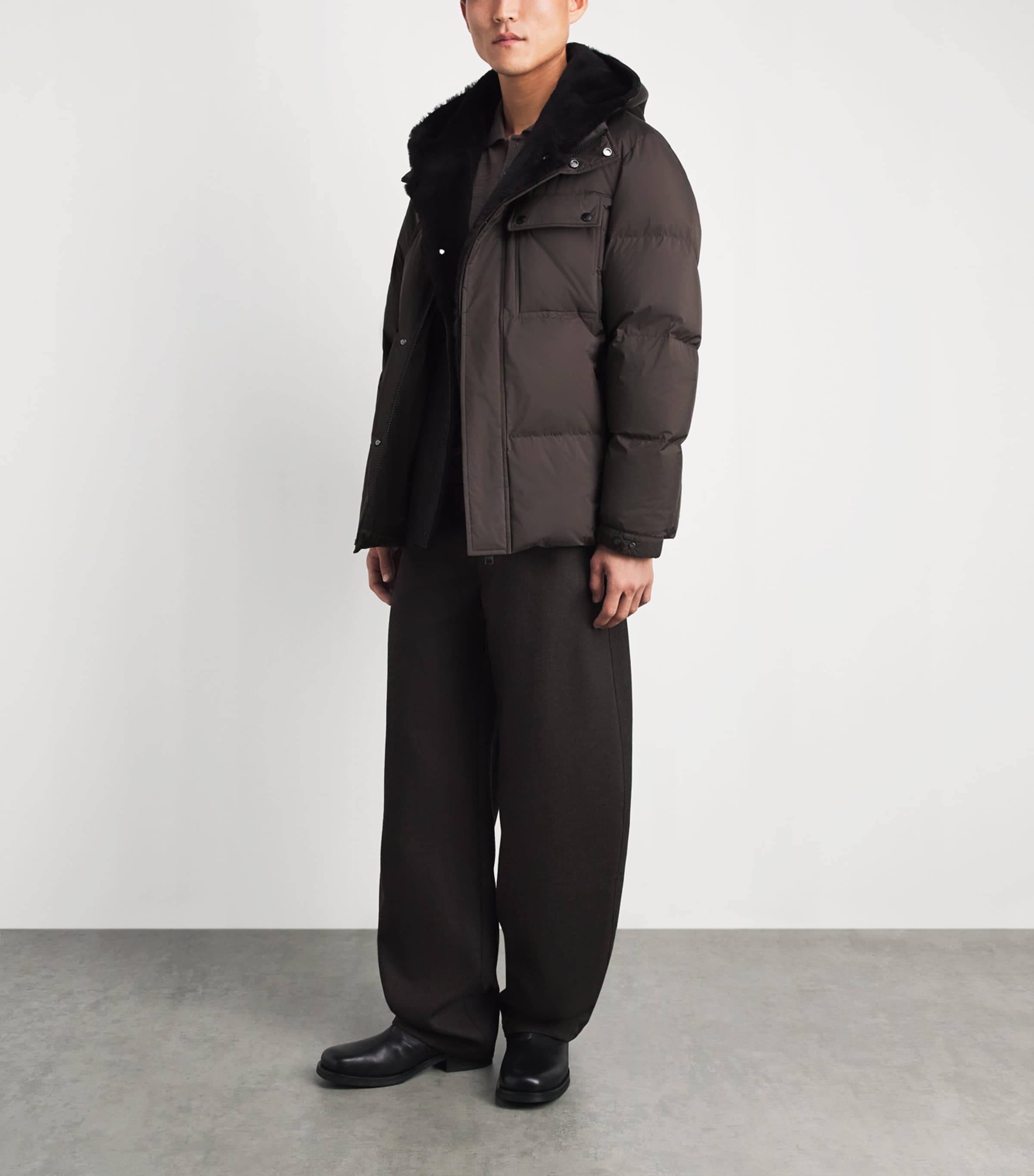 Yves Salomon Mens Down Leather-Bib Puffer Jacket Cold Brew