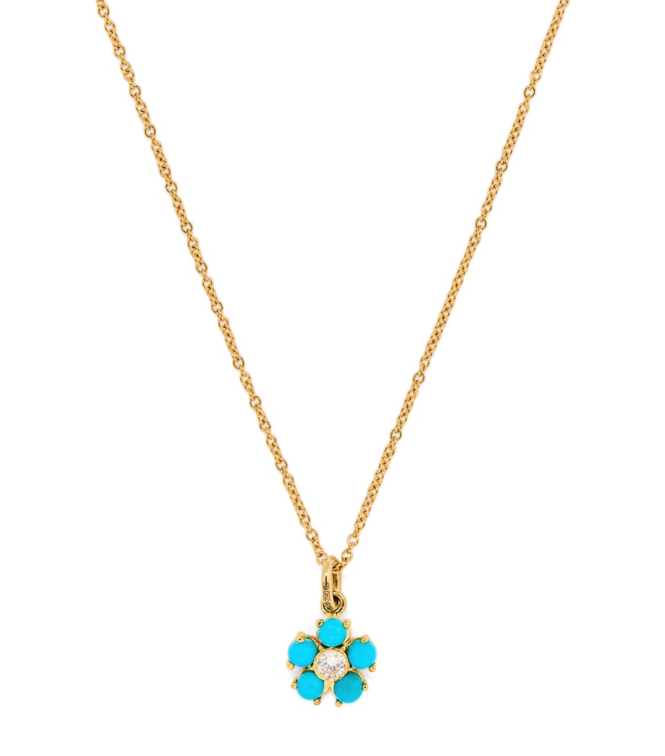 Large Yellow Gold, Turquoise and Diamond Flower Necklace