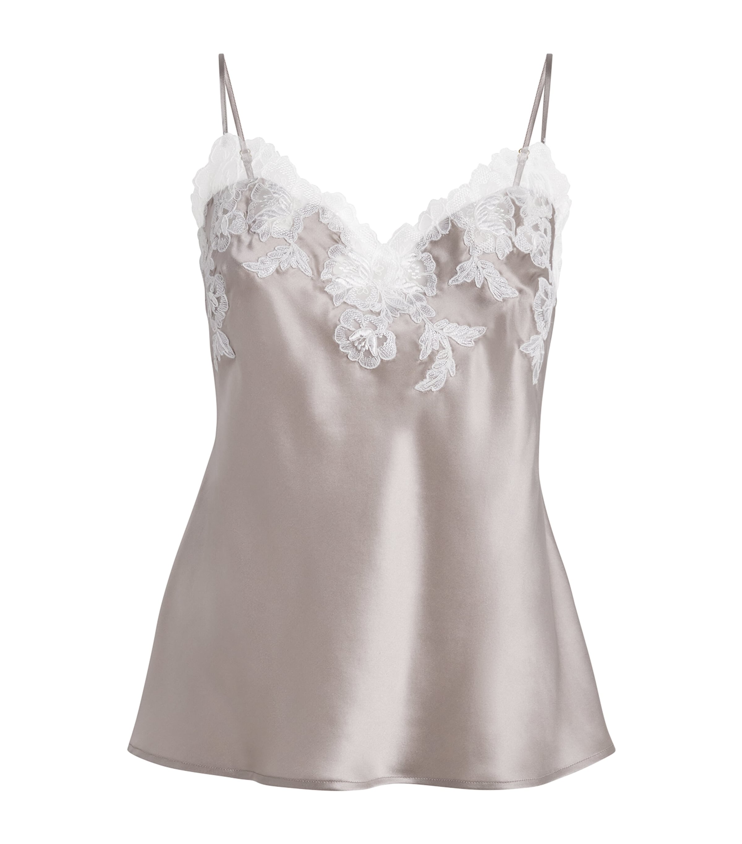 Marjolaine Womens Silk Satin Embroidered Cami Gris/naturel