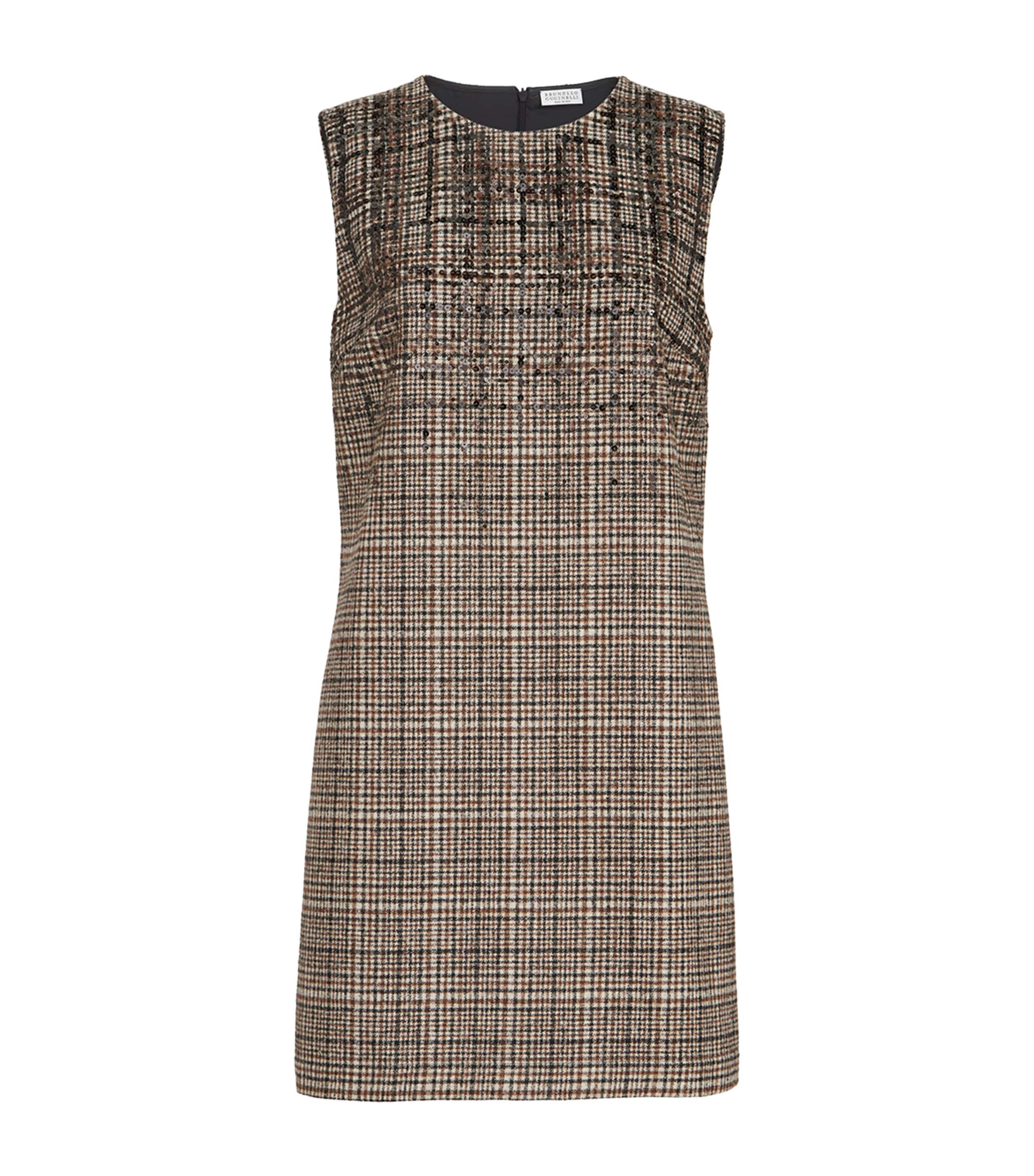 Brunello Cucinelli Womens Alpaca-Wool-Blend Check Mini Dress Beige/tabacco/nero