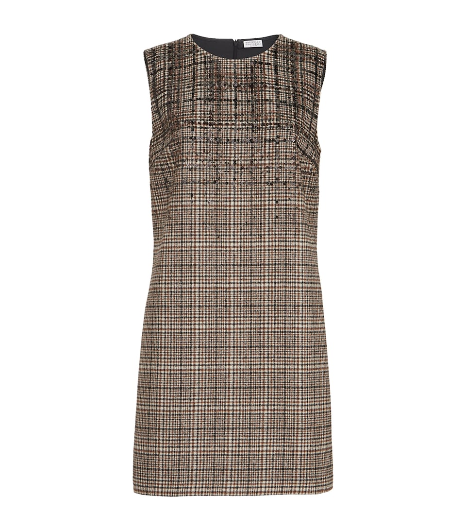 Brunello Cucinelli Womens Alpaca-Wool-Blend Check Mini Dress Beige/tabacco/nero