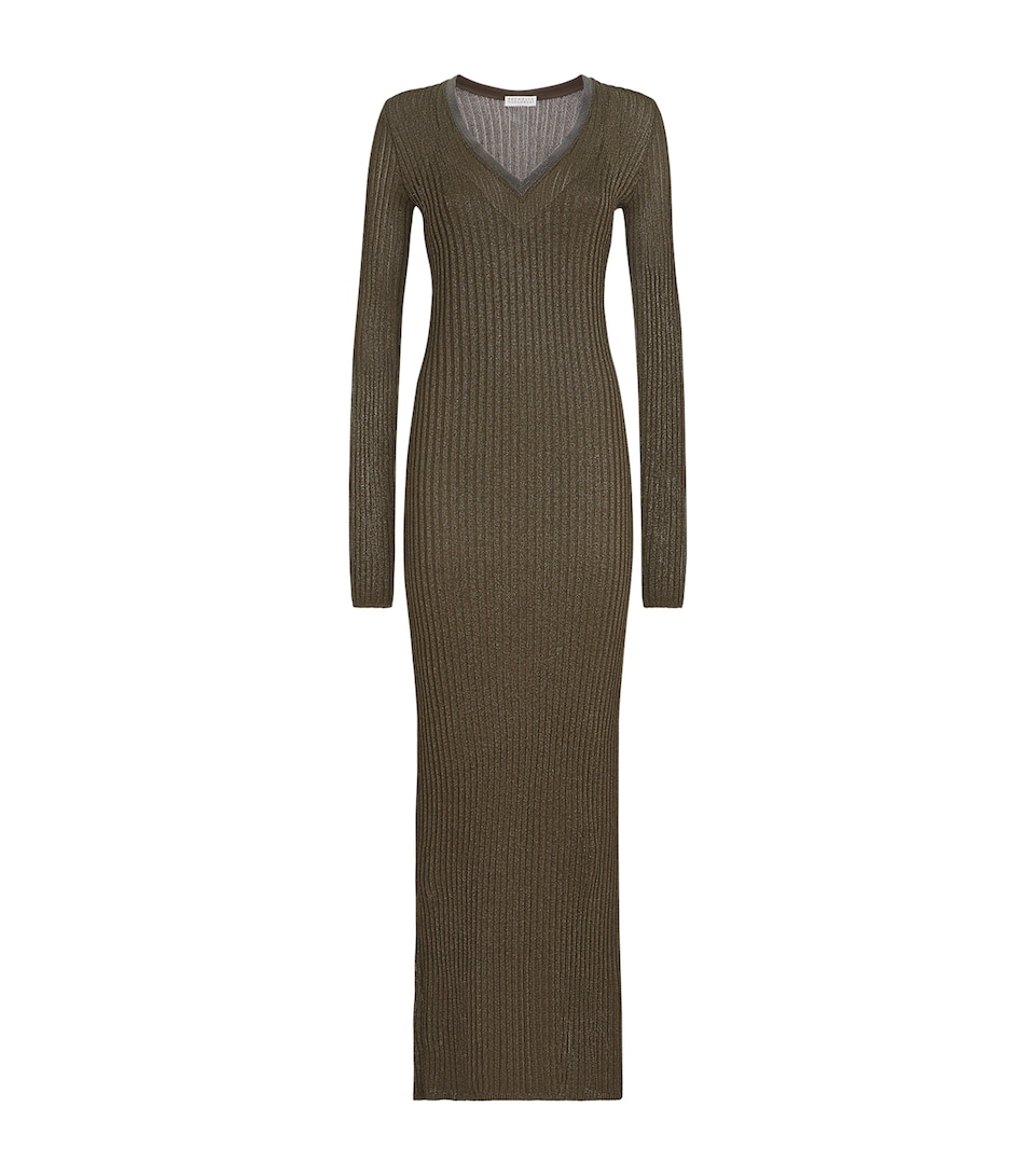 Brunello Cucinelli Womens Rib-Knit Sparkling Maxi Dress Brown