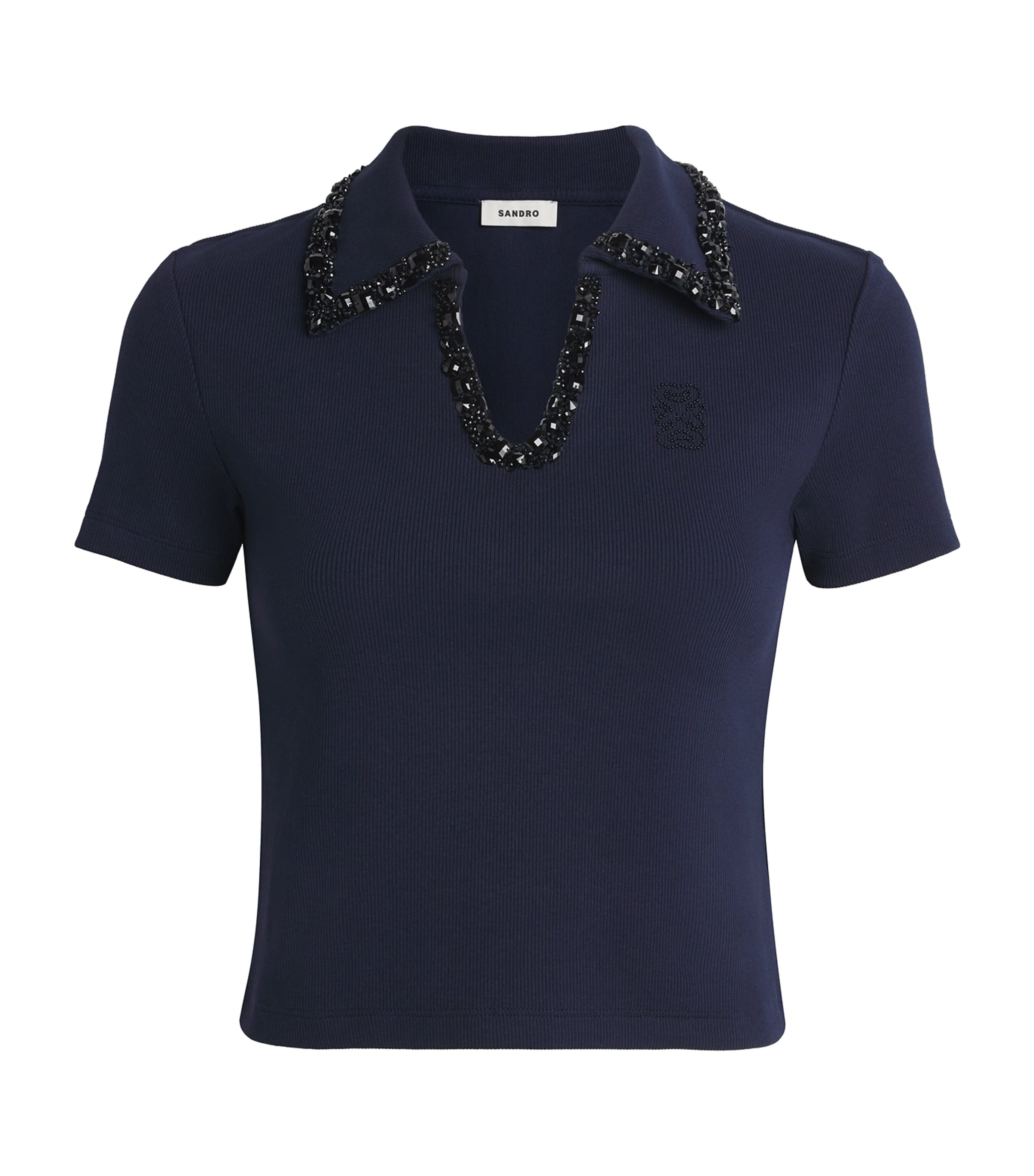 Sandro Paris Womens Stretch-Cotton Embellished Polo Top Navy Blue