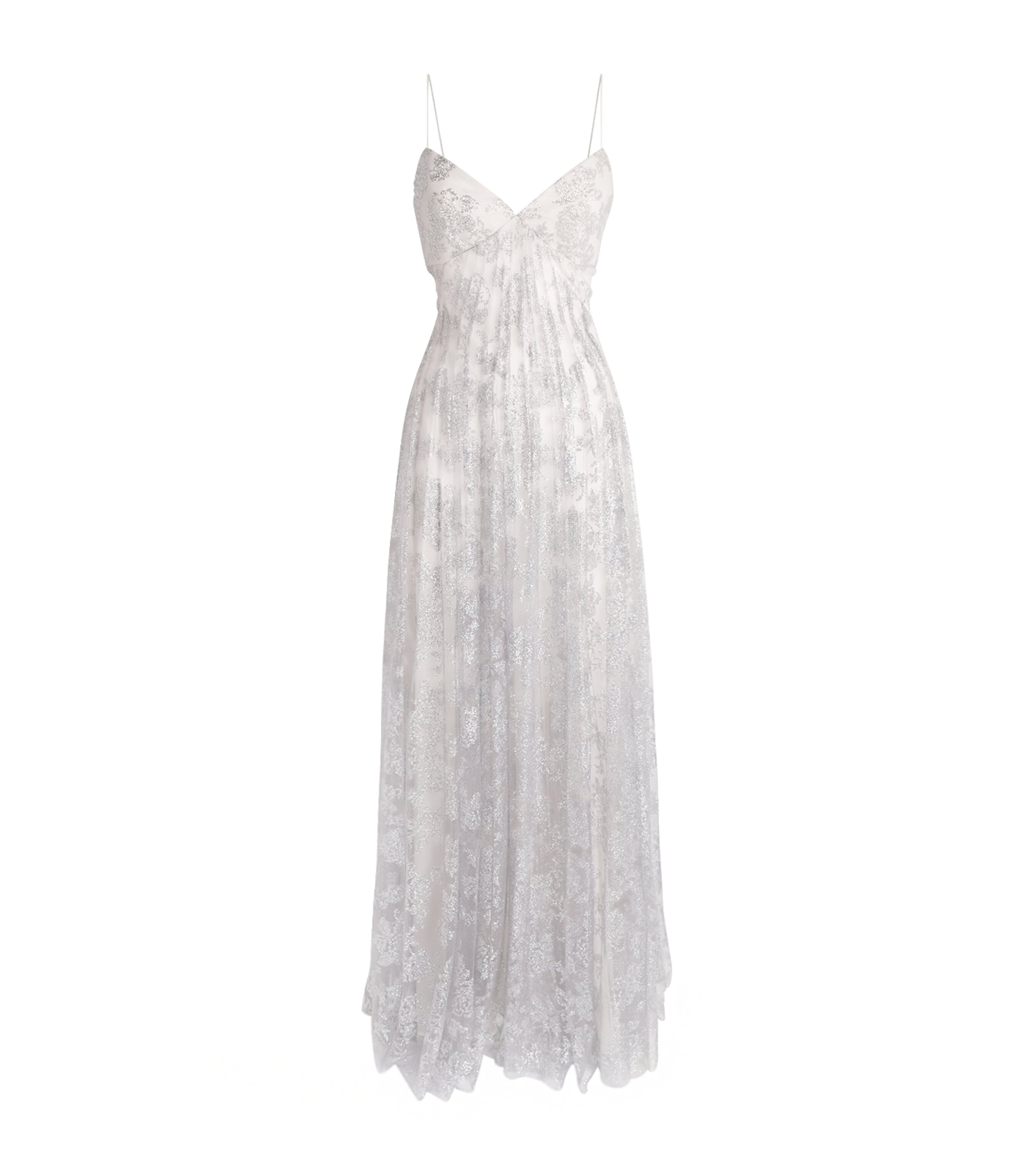 Sandra Mansour Womens Embellished Silent Thread Gown Silver