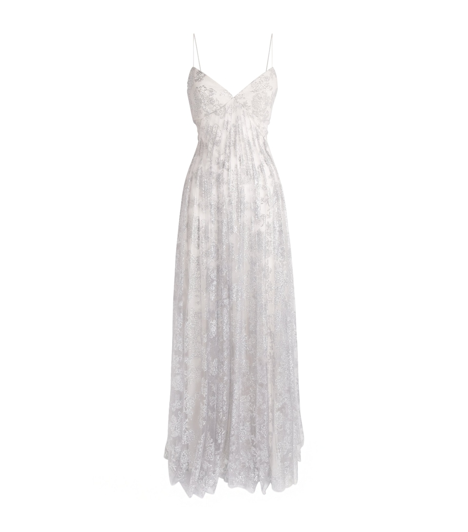 Sandra Mansour Womens Embellished Silent Thread Gown Silver