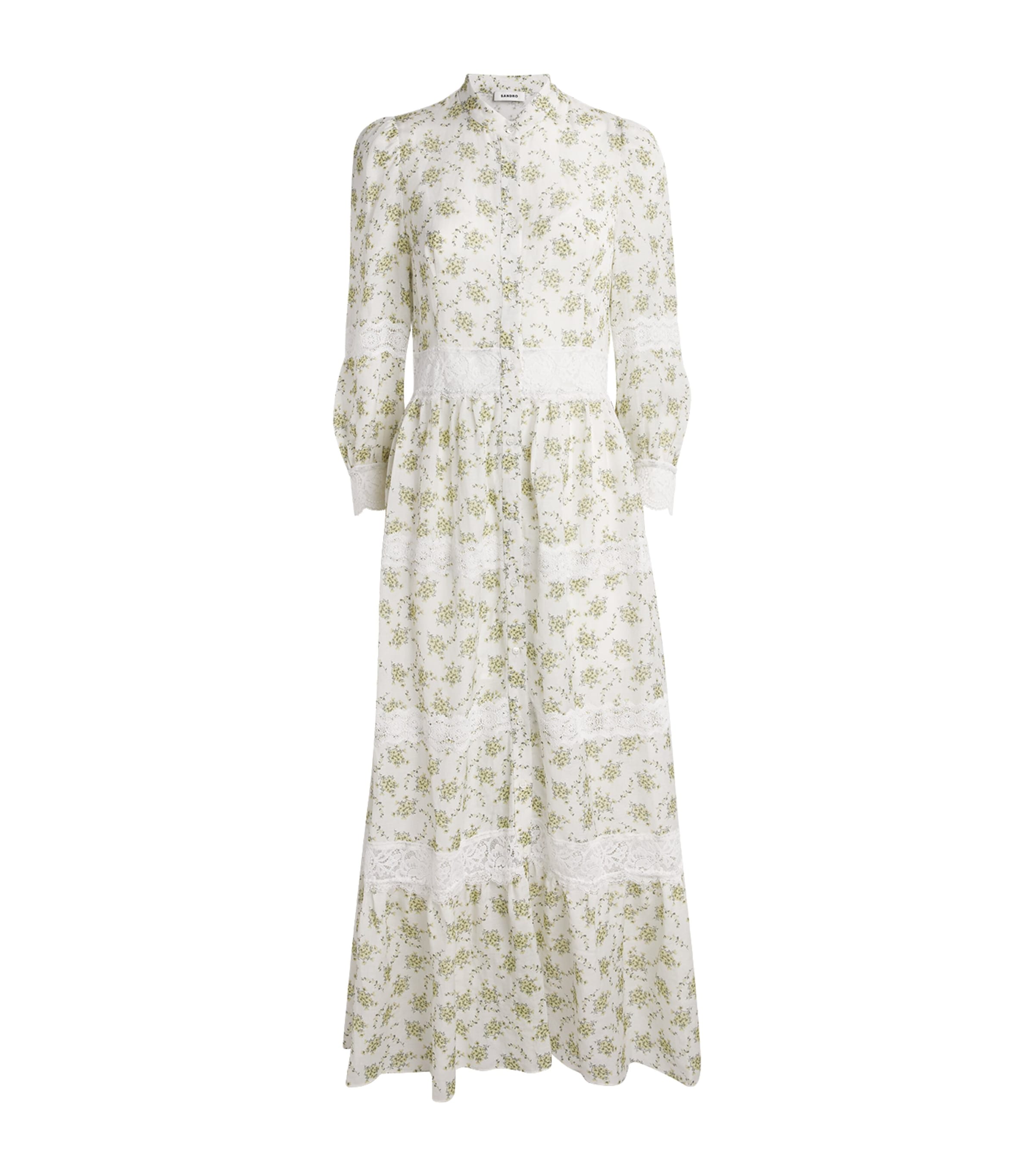 Sandro Paris Womens Lace Floral Midi Dress Olive / Ecru