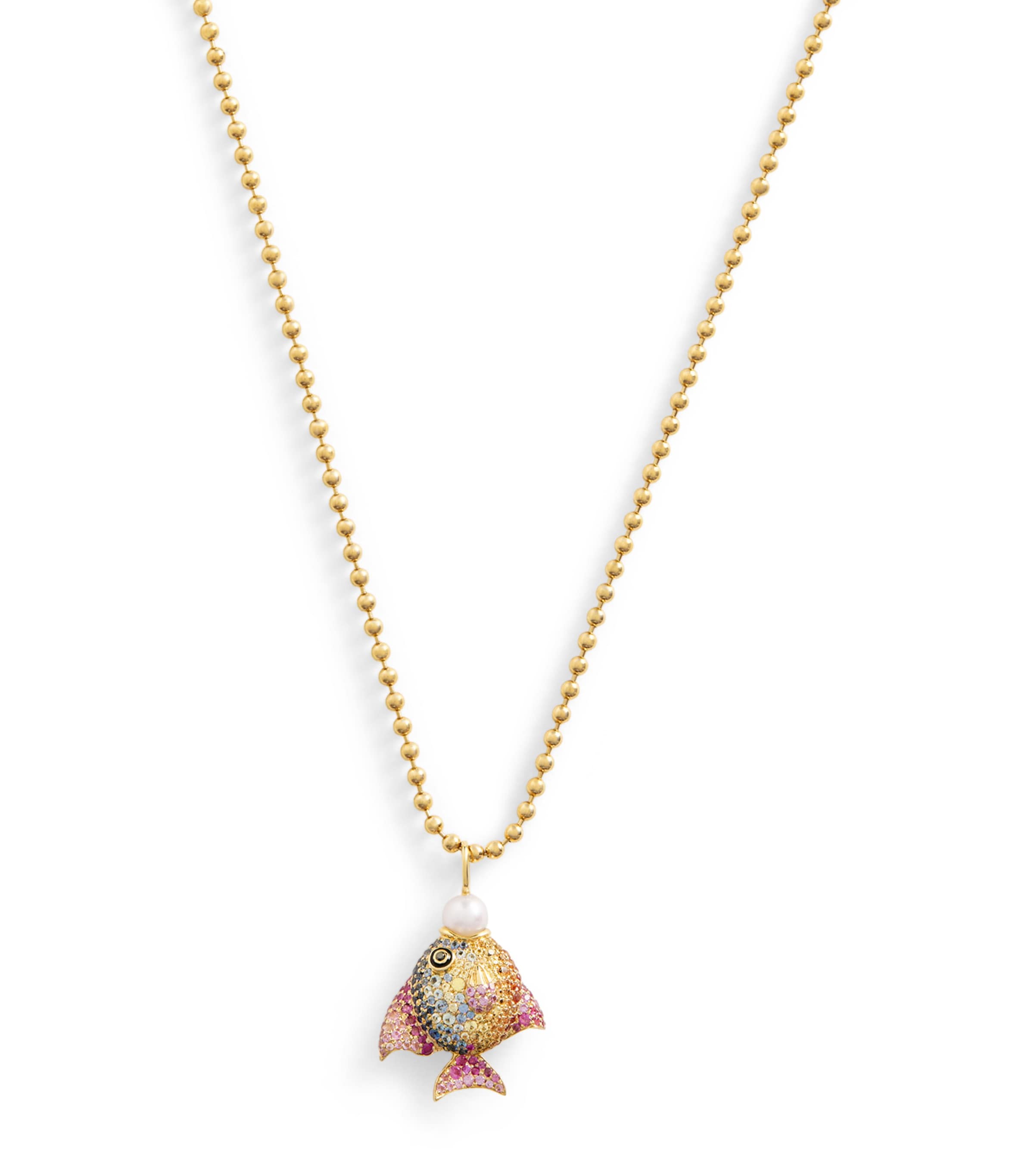 Yellow Gold and Mixed Gemstone Rainbow Fish Necklace