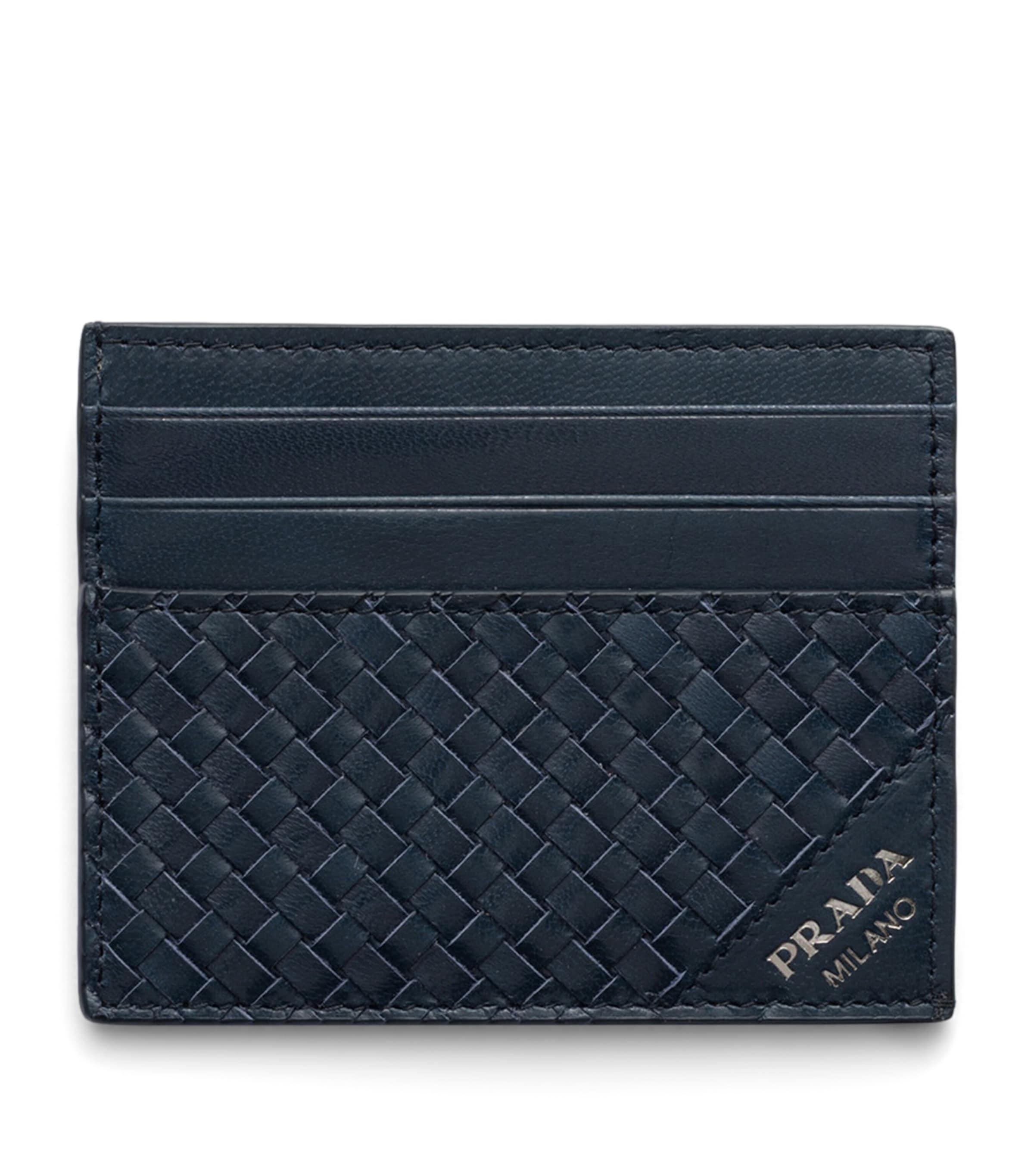 Prada Leather Woven Card Holder Blue