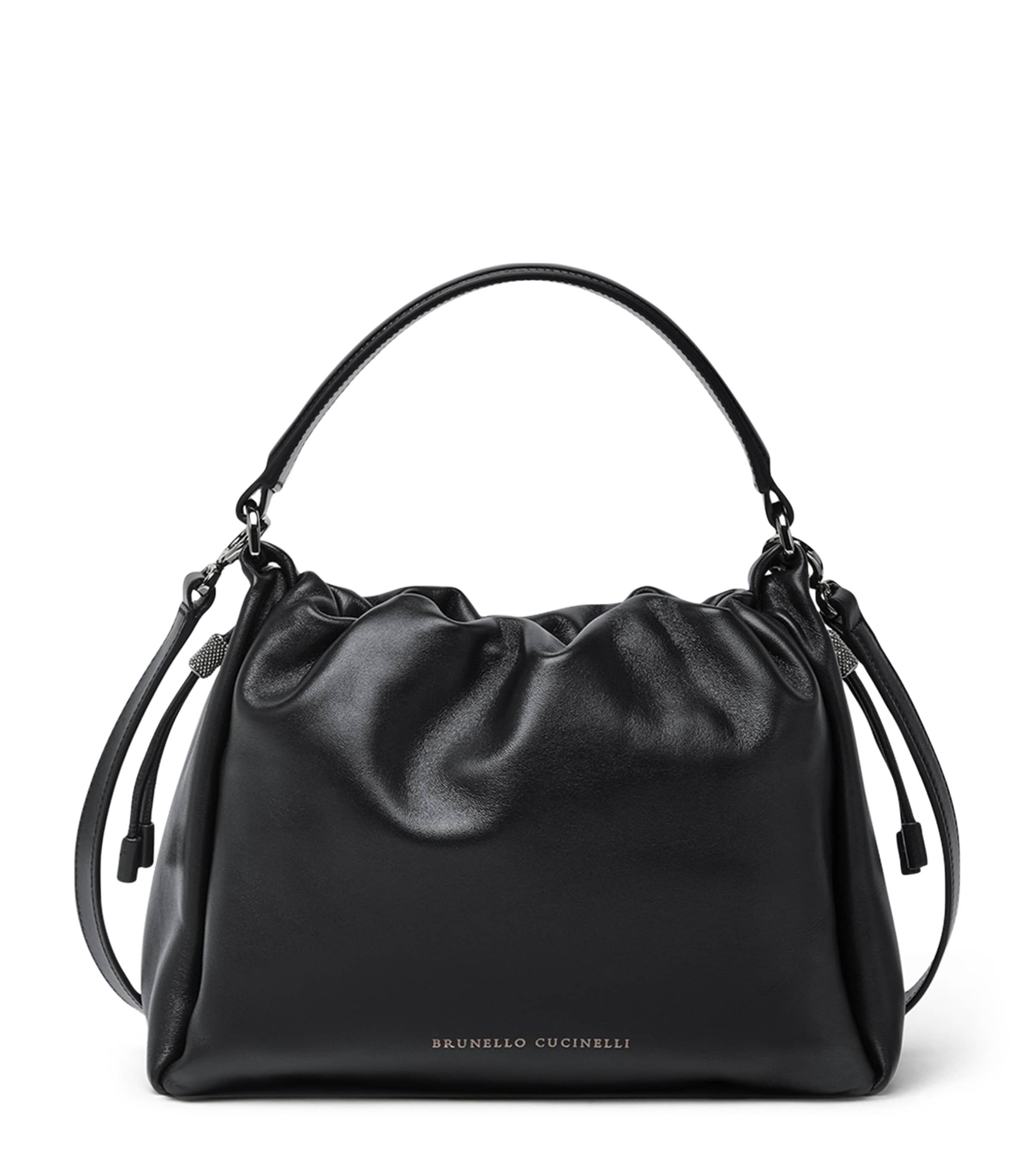 Brunello Cucinelli Small Leather Mellow Bucket Bag Black