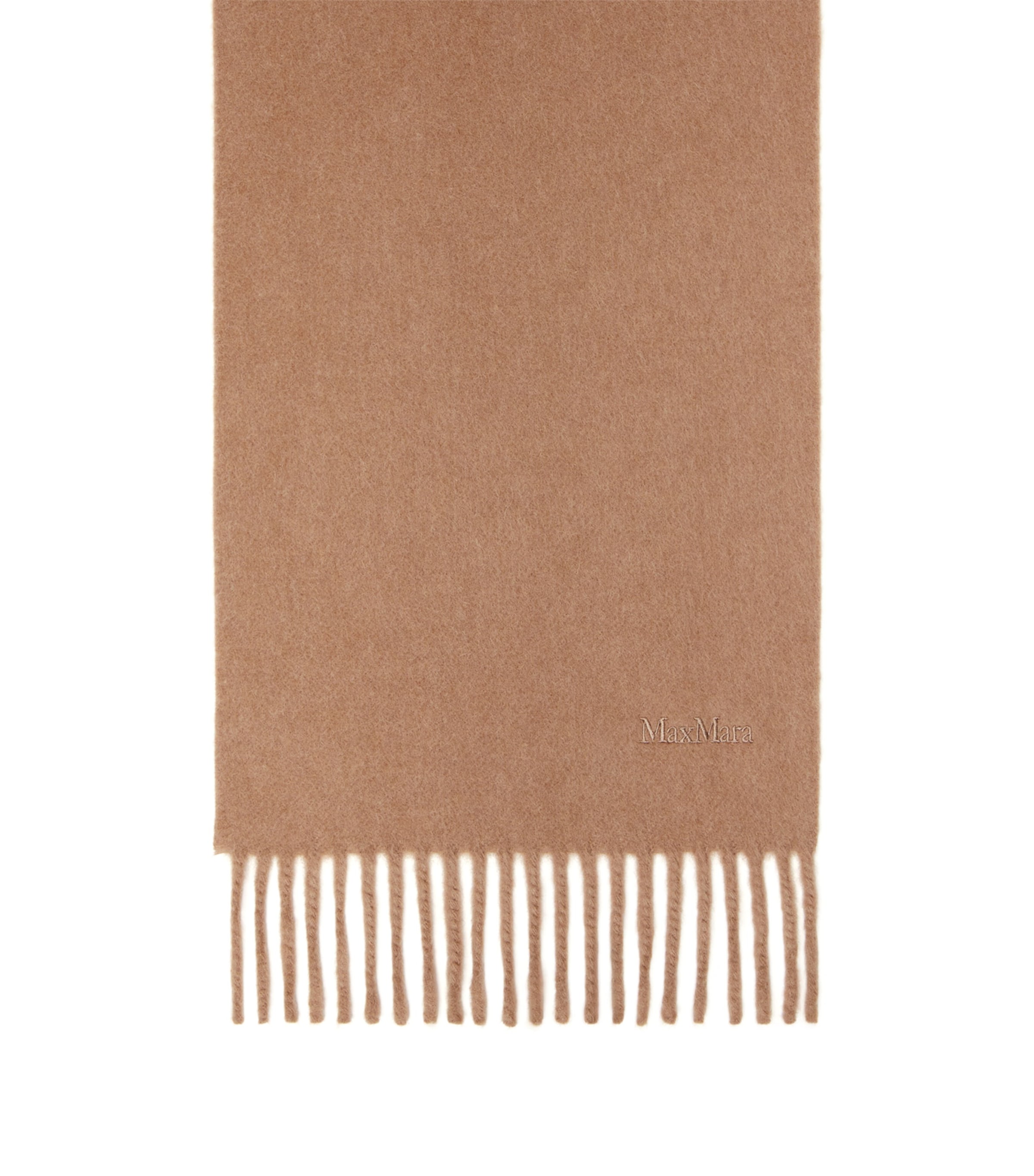 Max Mara Wool Fringed Logo Scarf Camel