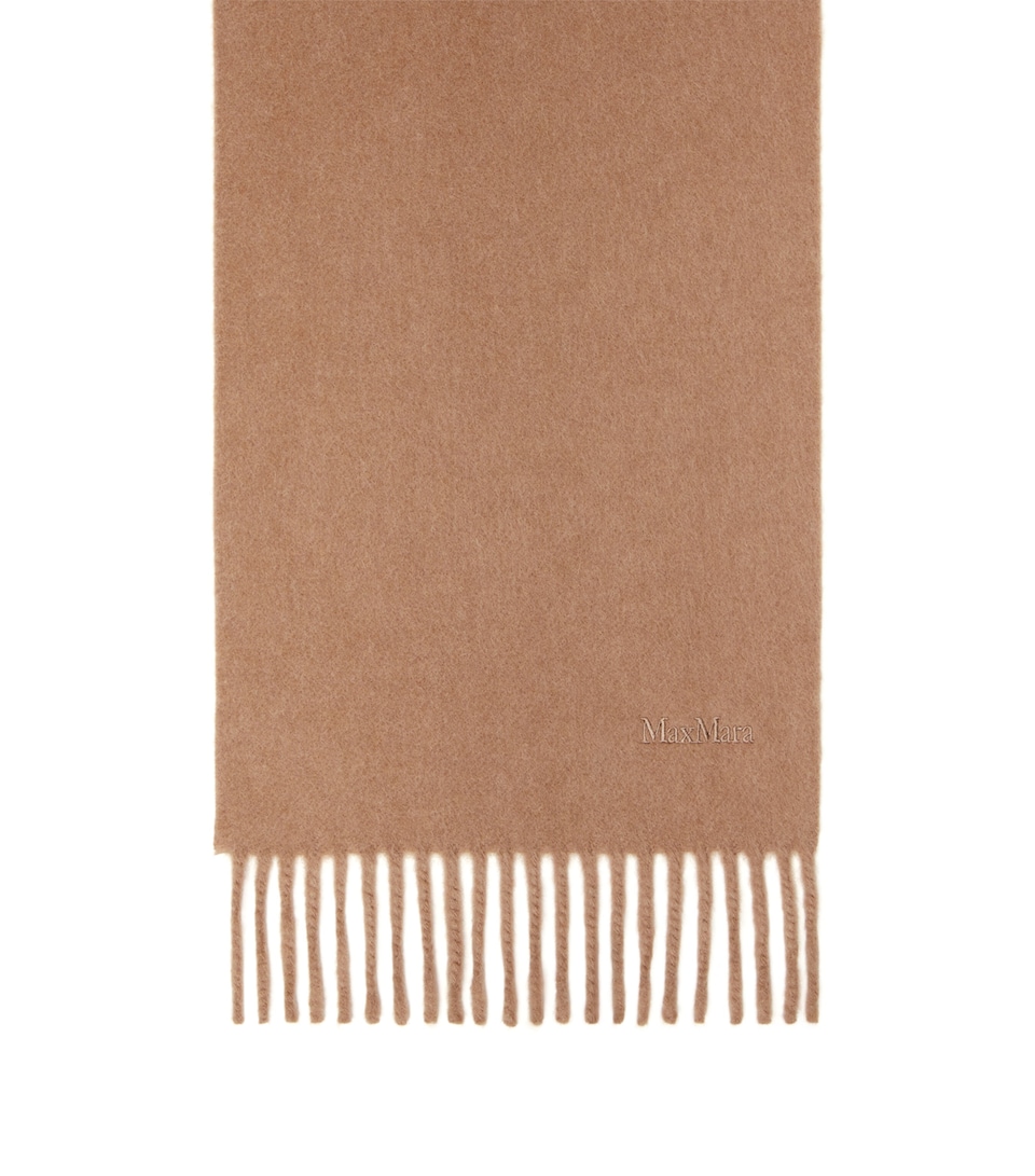 Max Mara Wool Fringed Logo Scarf Camel