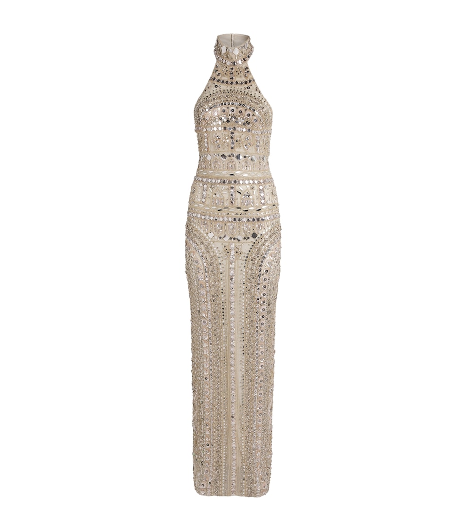 Zuhair Murad Womens Silk Embellished Halterneck Gown Beige/silver