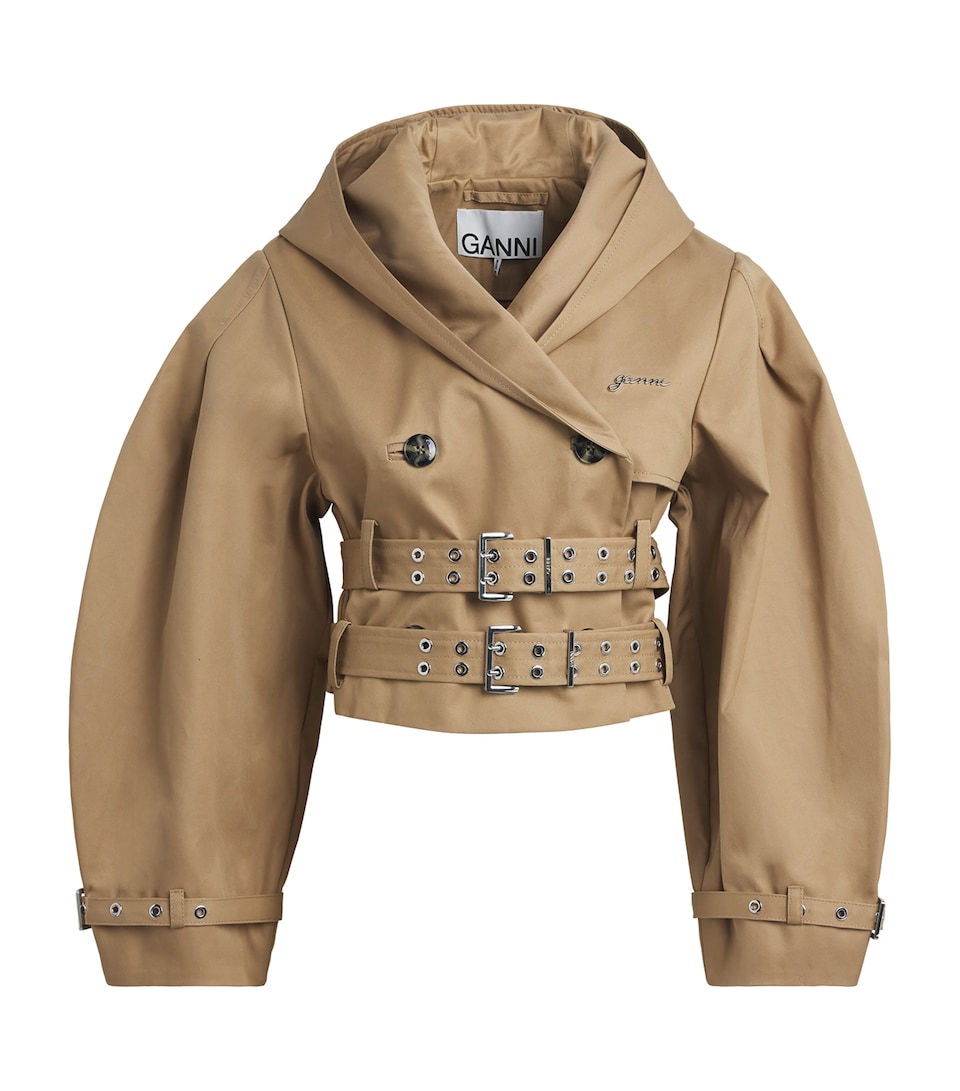 GANNI Womens Organic Cotton Cropped Trench Jacket Tiger's Eye